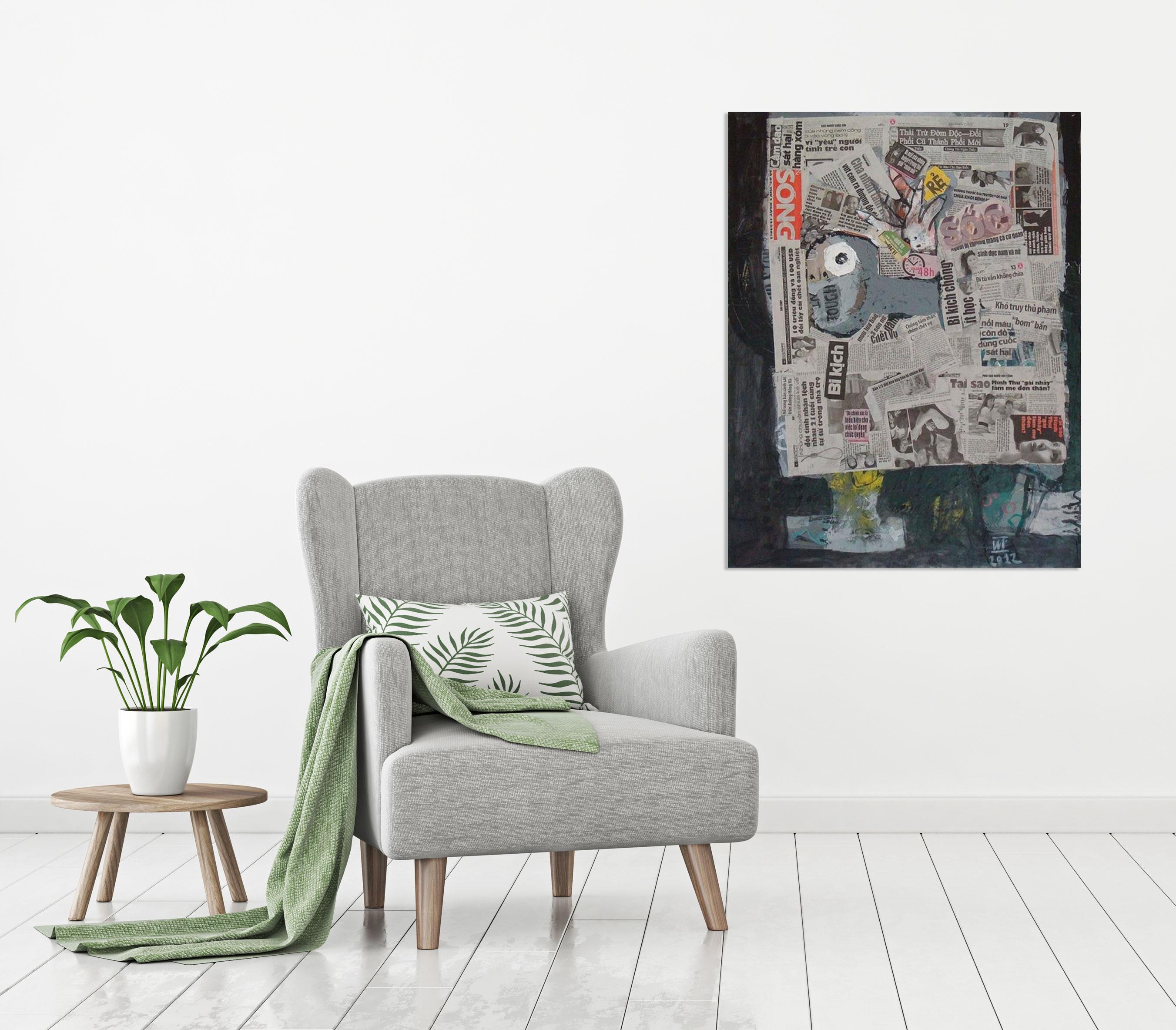 'Reading Newspaper 1' est une peinture expressionniste abstraite de taille moyenne, inspirée de Basquiat, réalisée à l'acrylique et au papier journal sur toile par l'artiste vietnamien Nguyen Cong Cu en 2012. Avec une combinaison de papier journal
