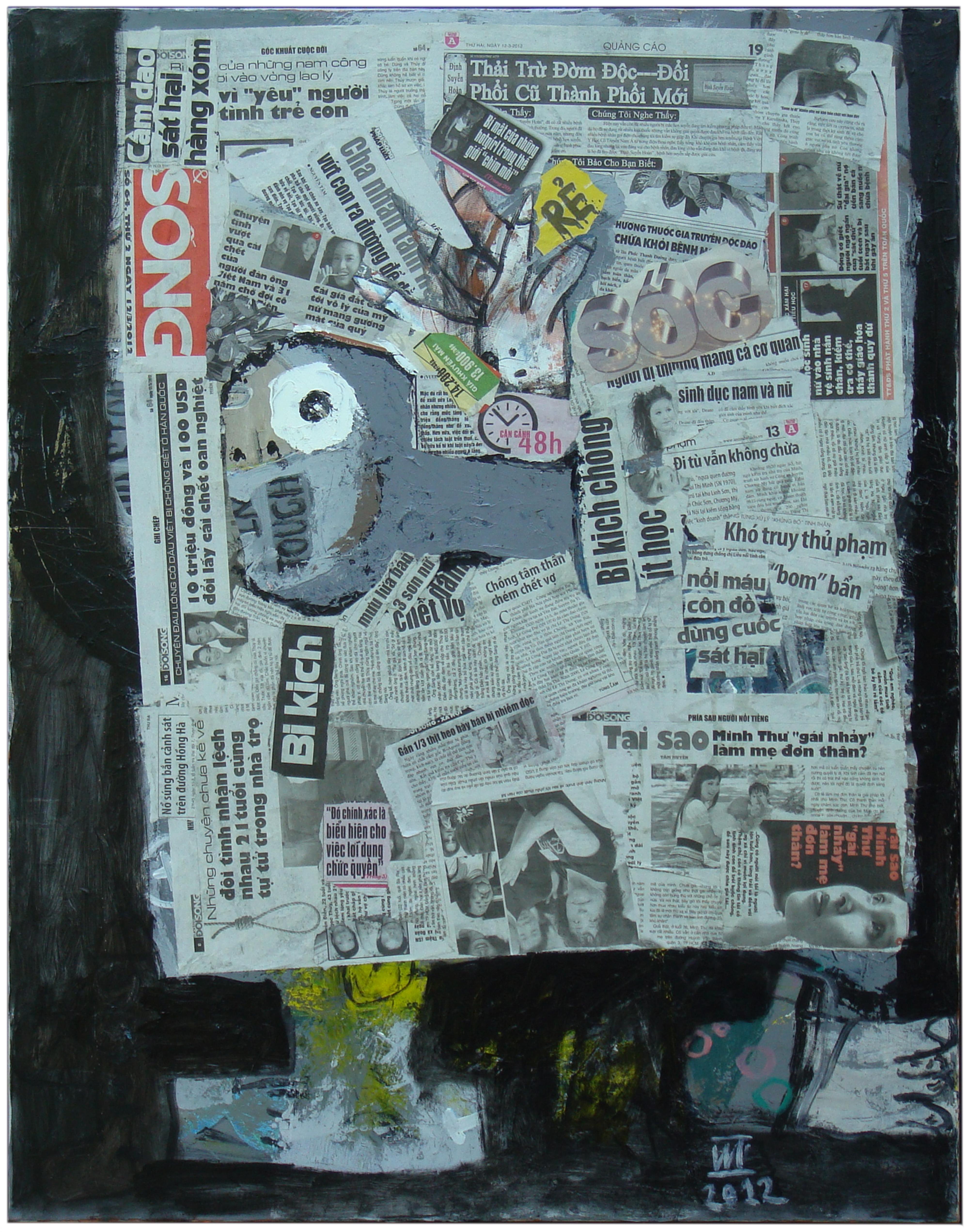 'Reading Newspaper I' Abstract Expressionist Mixed Media - Mixed Media Art by Nguyen Cong Cu