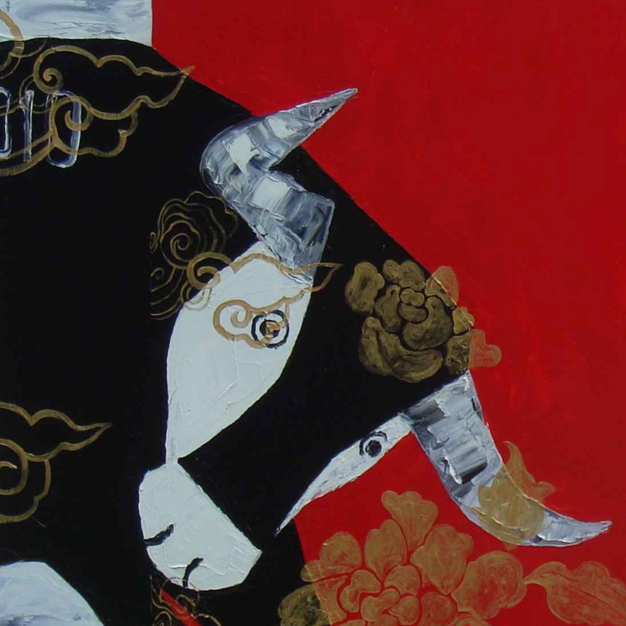 « My Pet Bull », huile sur toile d'un taureau noir avec rouge, noir, or, bleu et gris - Painting de Nguyen Dinh Vu