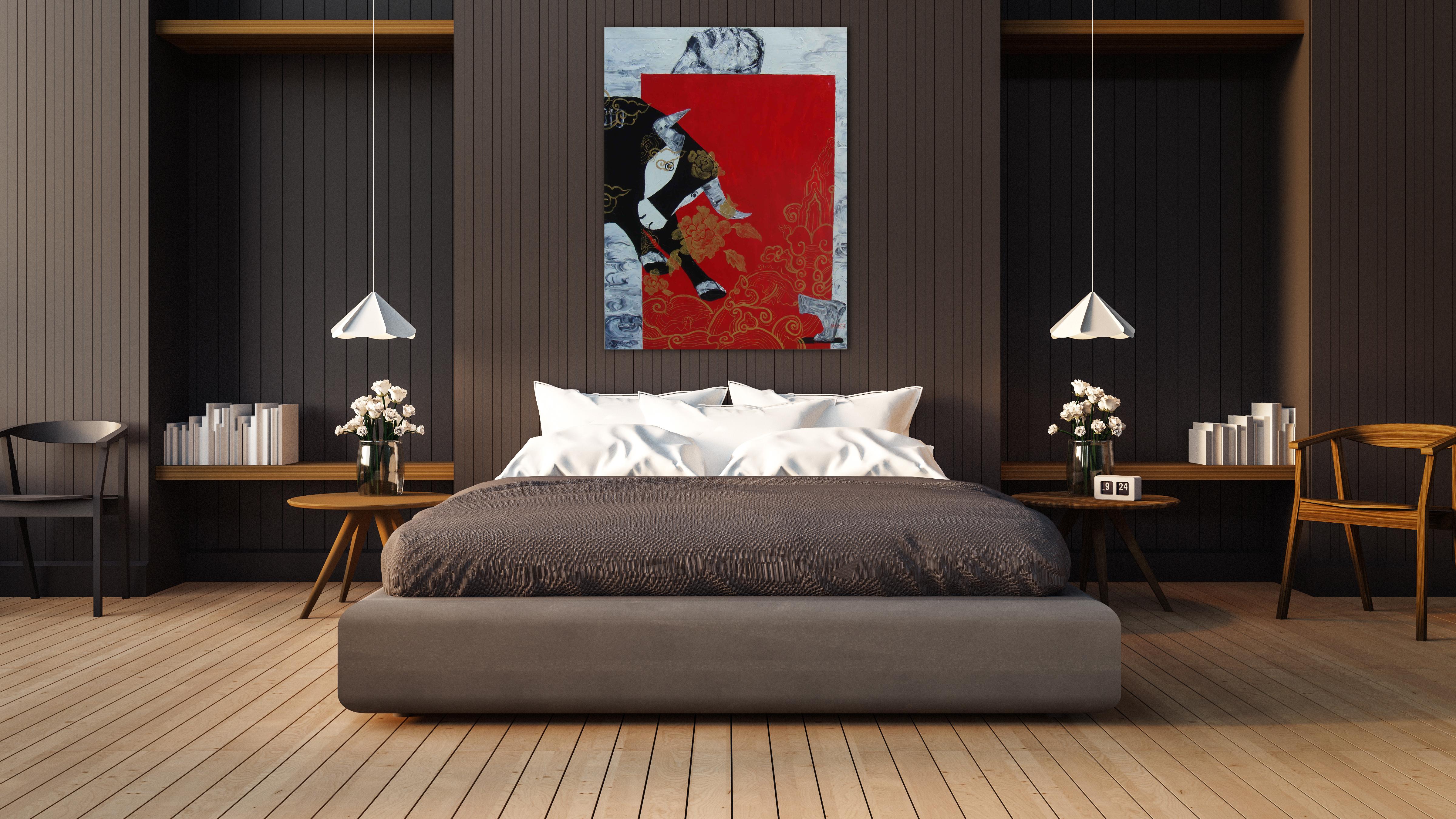 « My Pet Bull », huile sur toile d'un taureau noir avec rouge, noir, or, bleu et gris - Contemporain Painting par Nguyen Dinh Vu