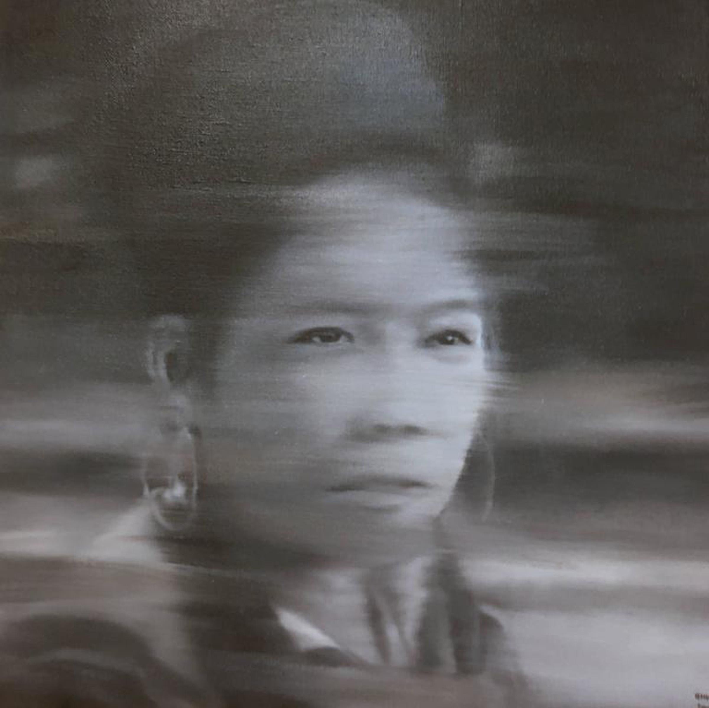 Portrait Painting Nguyen Quang Huy - « Femme indochine tribale III », grande peinture photoréaliste monochrome