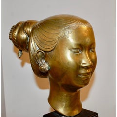 Vintage  Bust Of A Young Vietnamese Woman Bronze Sculpture