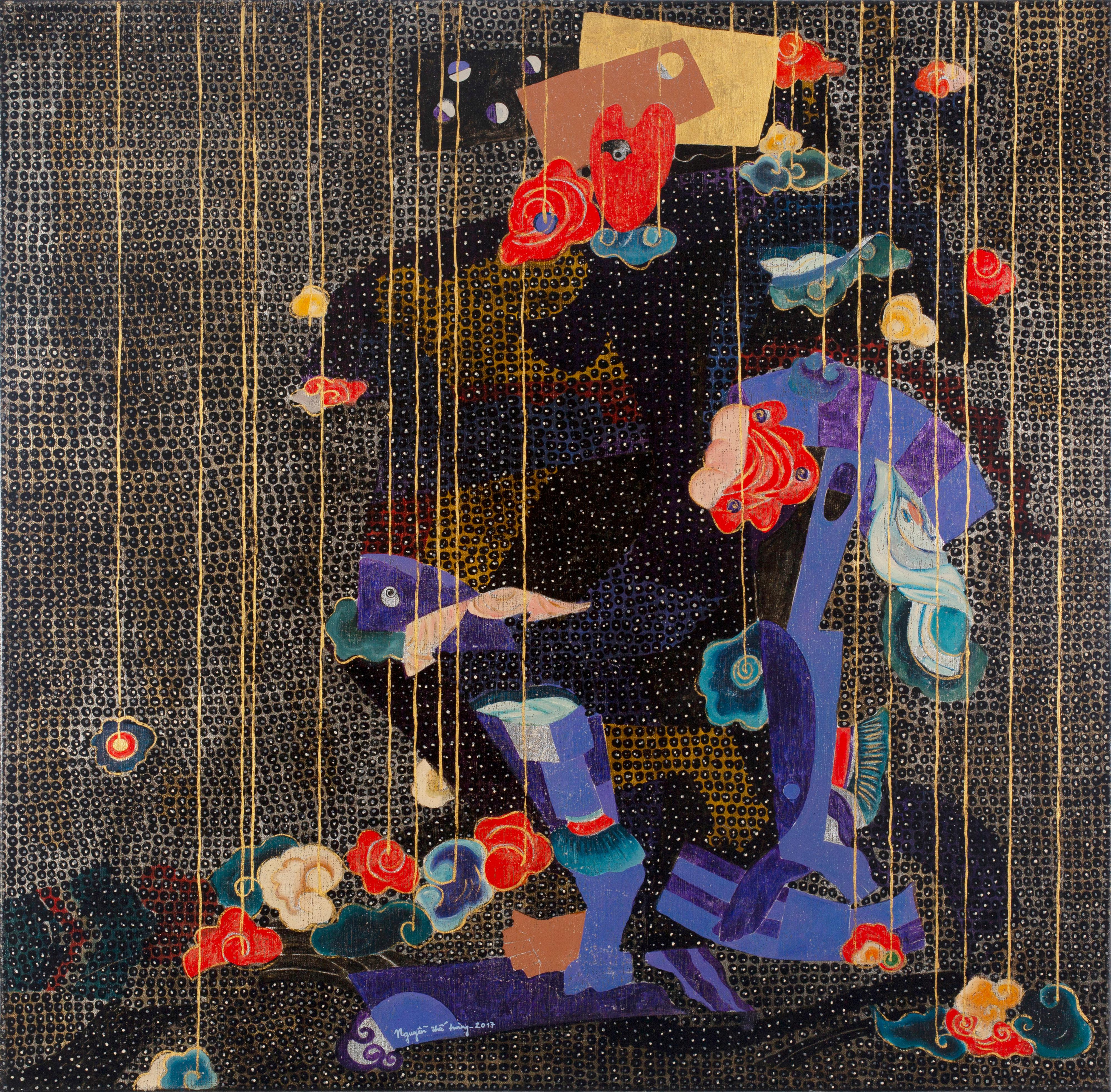 Figurative Painting Nguyen The Hung - Nuages et ombres I", peinture d'expressionnisme abstrait, or noir 