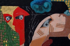 'La terra dei sonnambuli 05', pittura cubista con ori, rosa, neri e blu