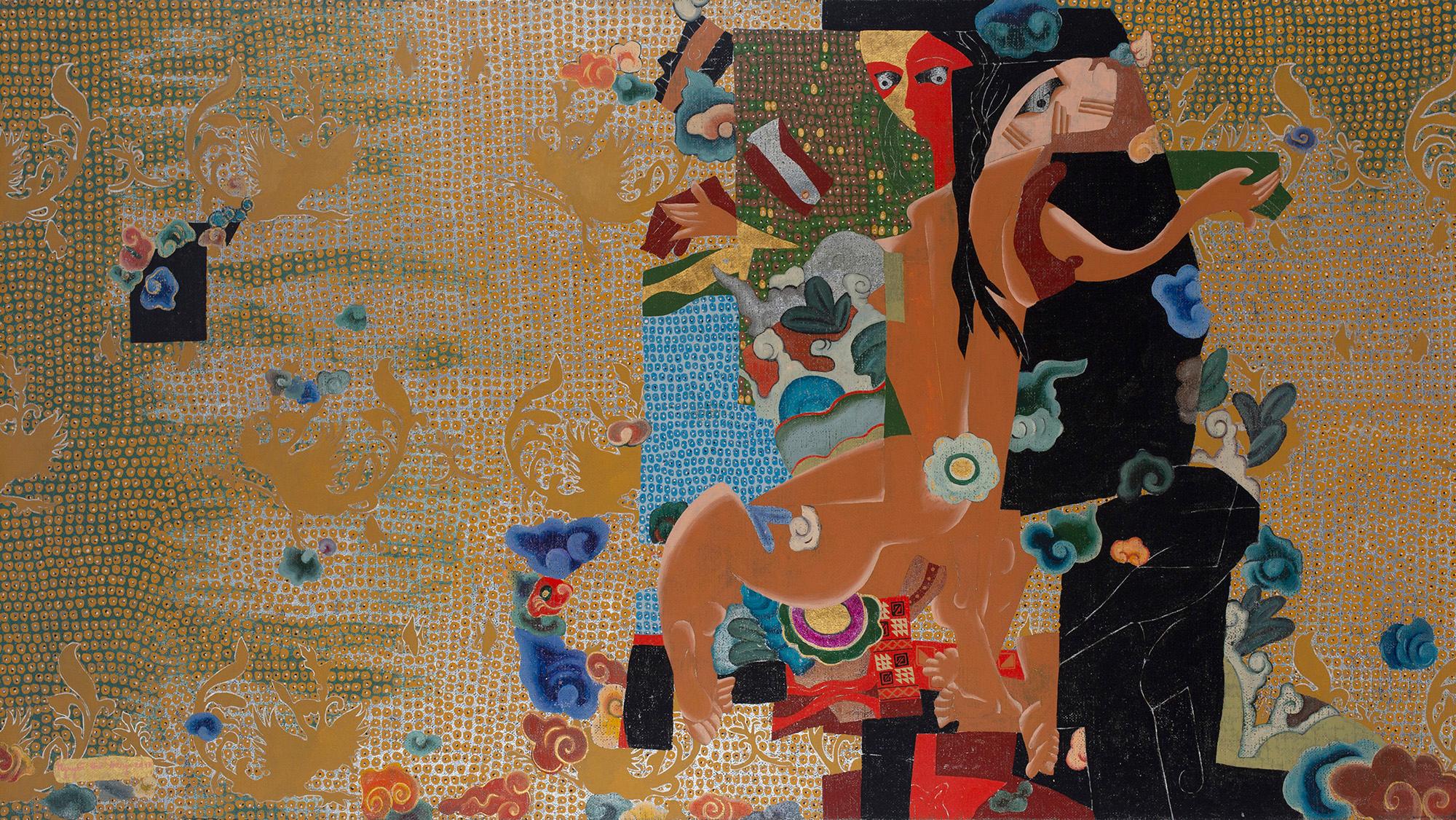 „Land of the Sleepwalker 05“, kubistisches Gemälde mit Goldtönen, Rosa, Schwarz und Blau