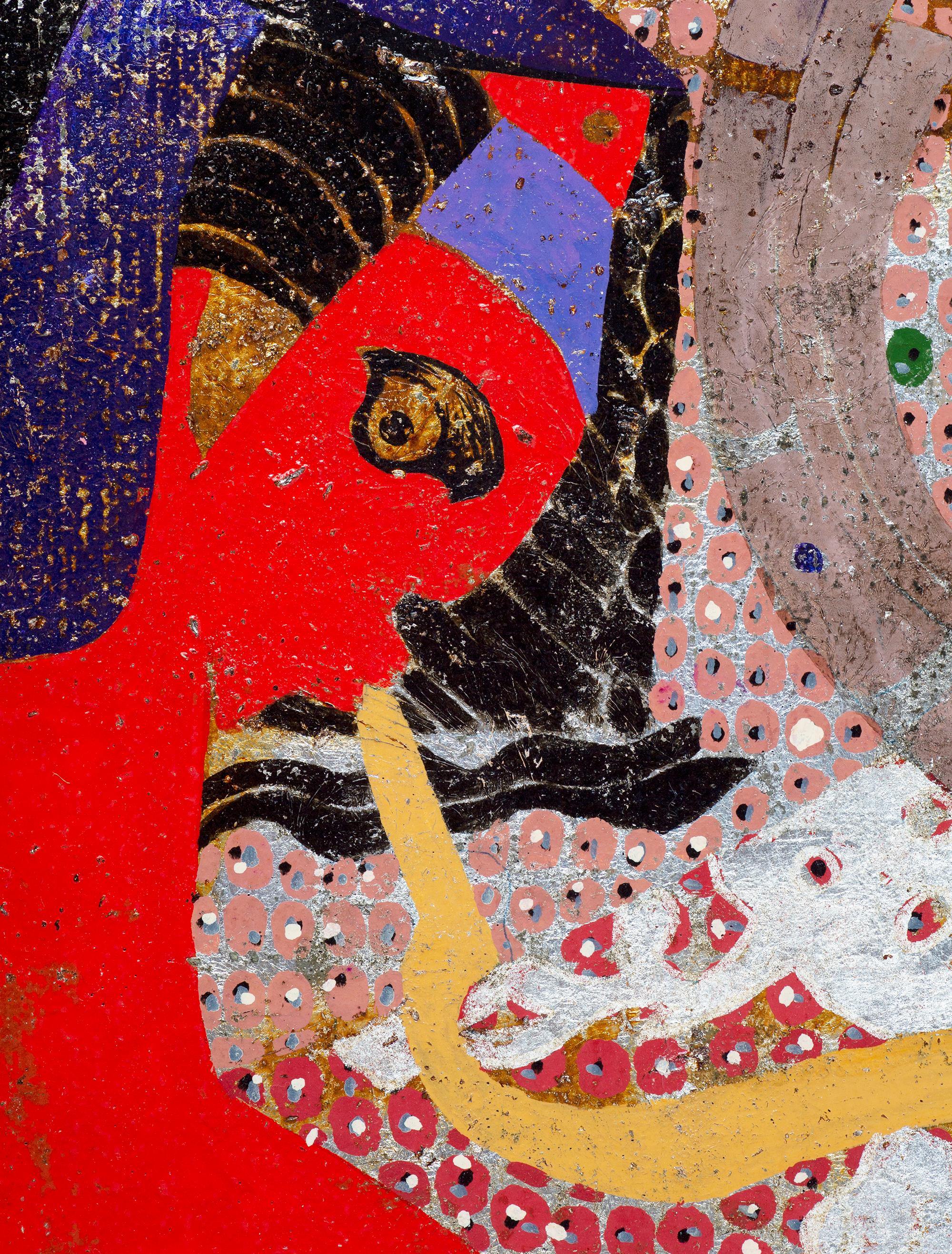„Land des schlafenden Läufers 06“ Kubistisches Gemälde, Blattgold, Rot, Blau – Painting von Nguyen The Hung