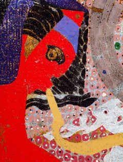 Pittura cubista 'Terra del sonnambulo 06' Foglia d'oro, rosso, blu