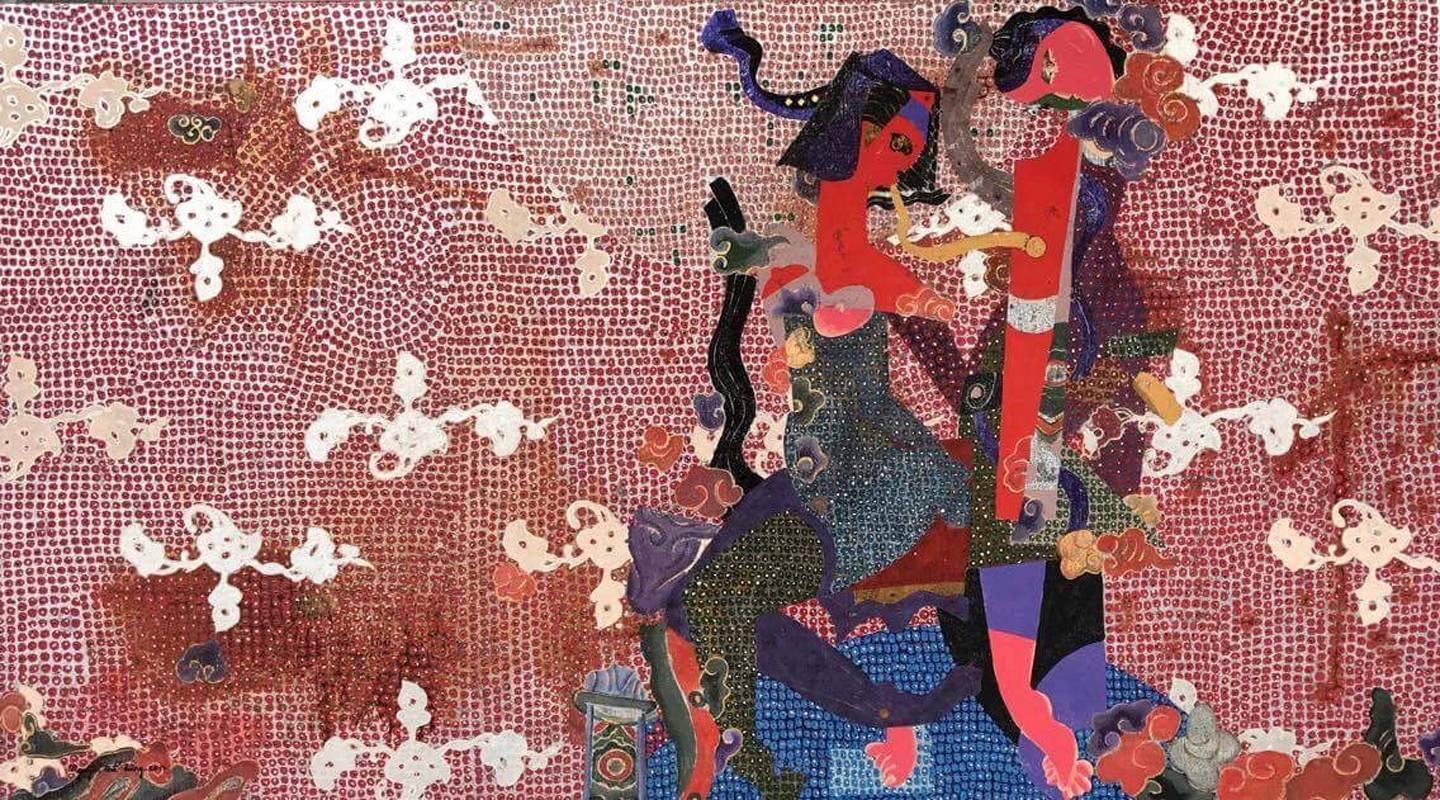 „Land des schlafenden Läufers 06“ Kubistisches Gemälde, Blattgold, Rot, Blau