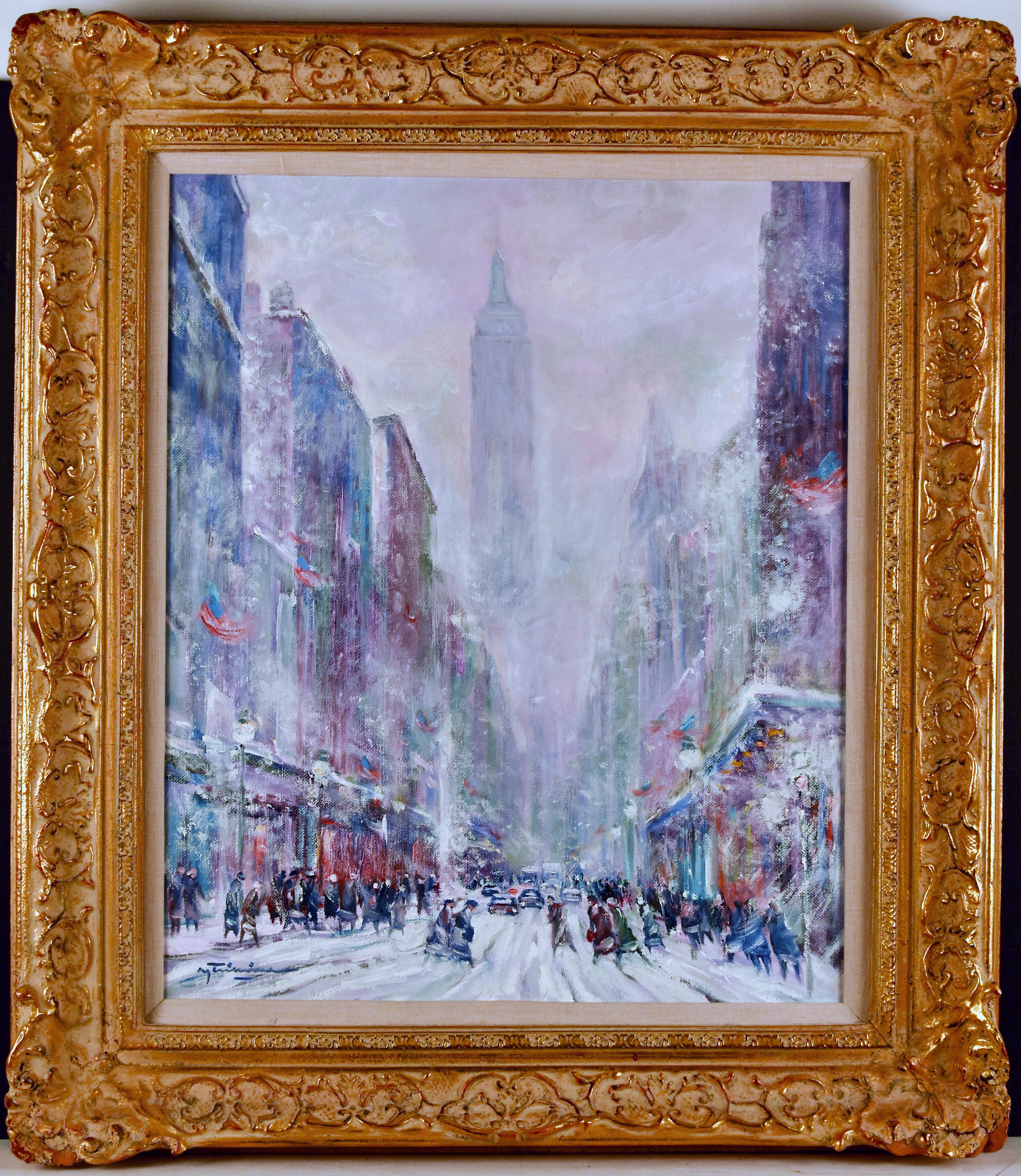 "New York Winter" Oil on Canvas 23 x 19 1/4 Winter snow scene - Painting by Nguyen Tri Minh