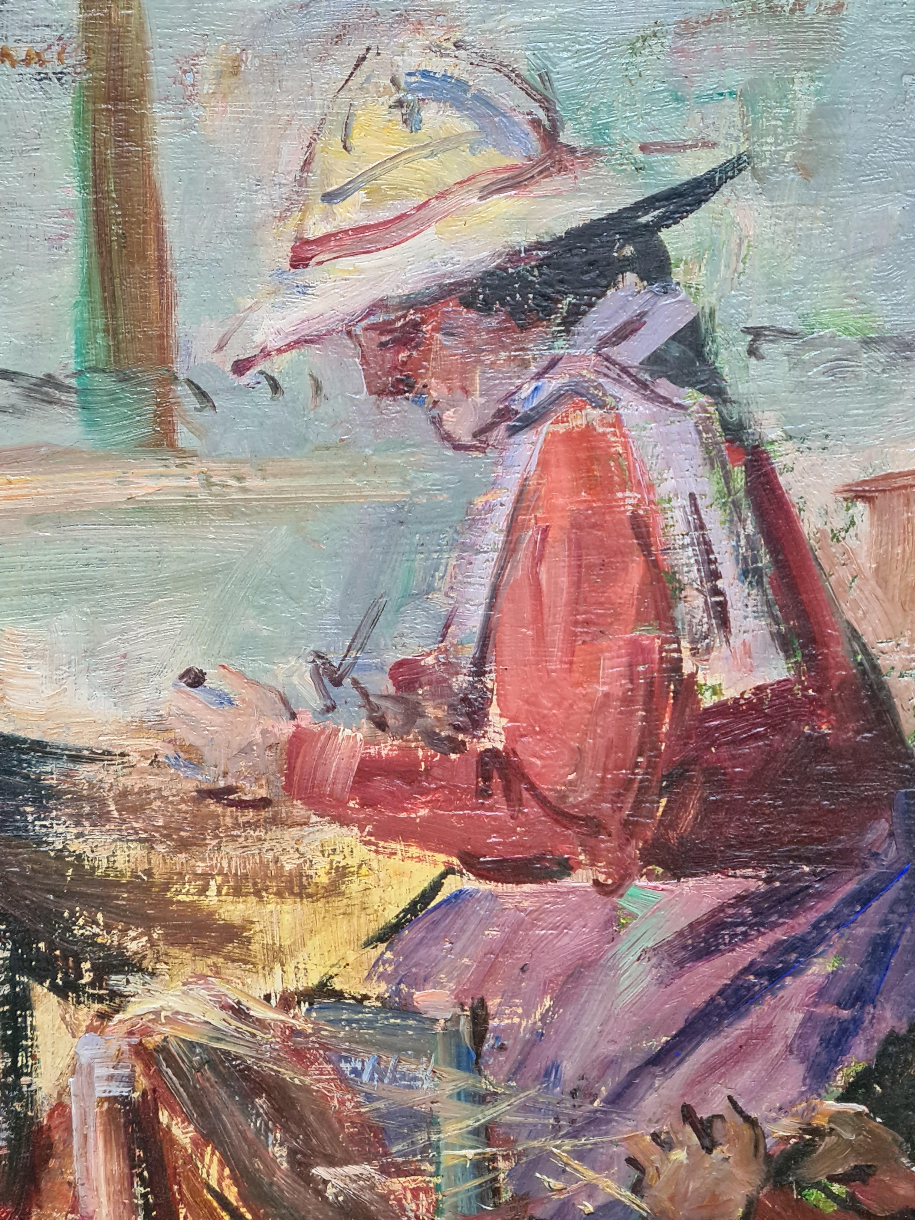 Mending the Fish Nets, Post Impressionist Marine Scene, Les Remailleures - Post-Impressionist Painting by Nguyen Van BINH-CIRLOT 