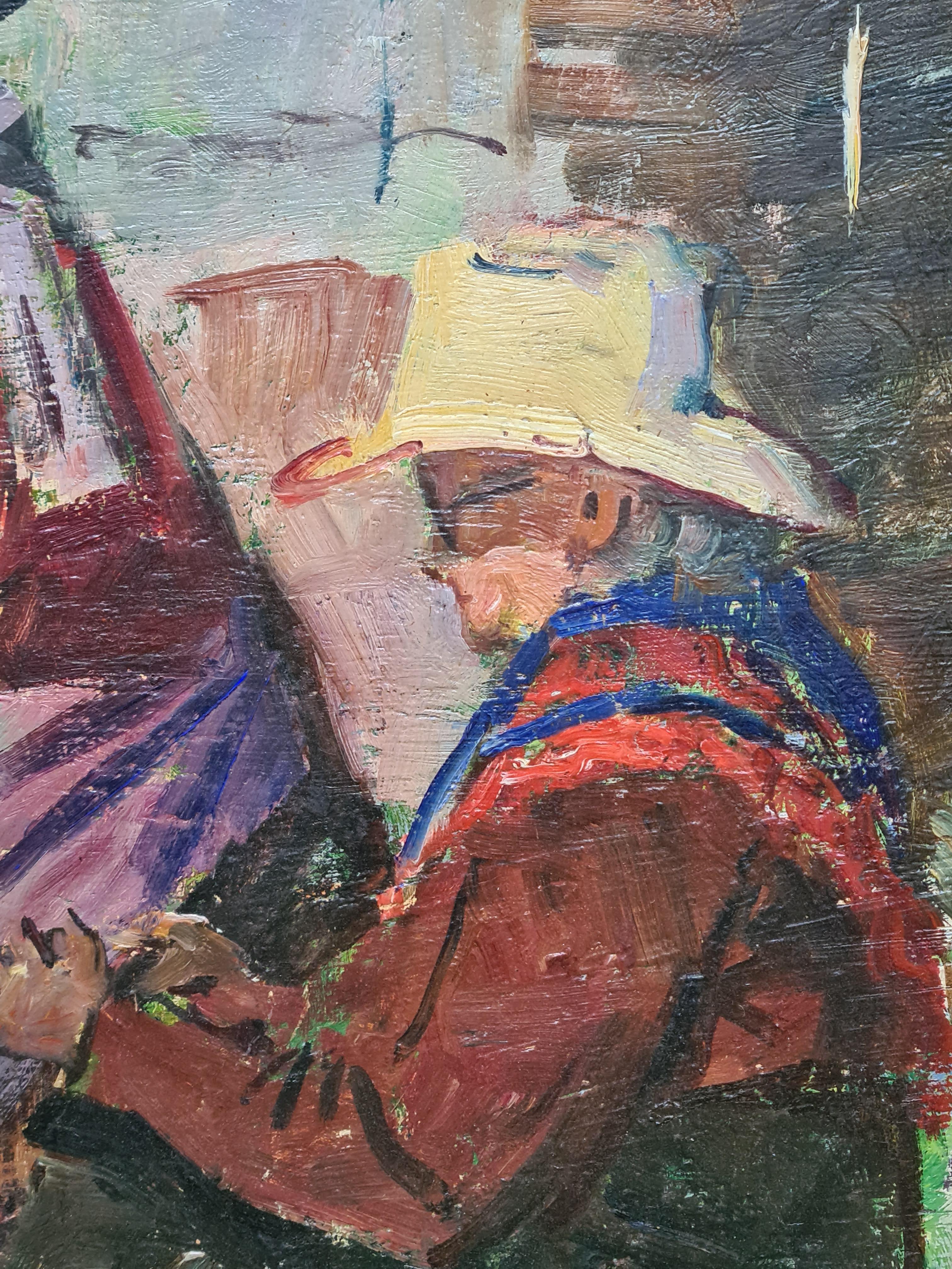 Mending the Fish Nets, Post Impressionist Marine Scene, Les Remailleures - Brown Landscape Painting by Nguyen Van BINH-CIRLOT 