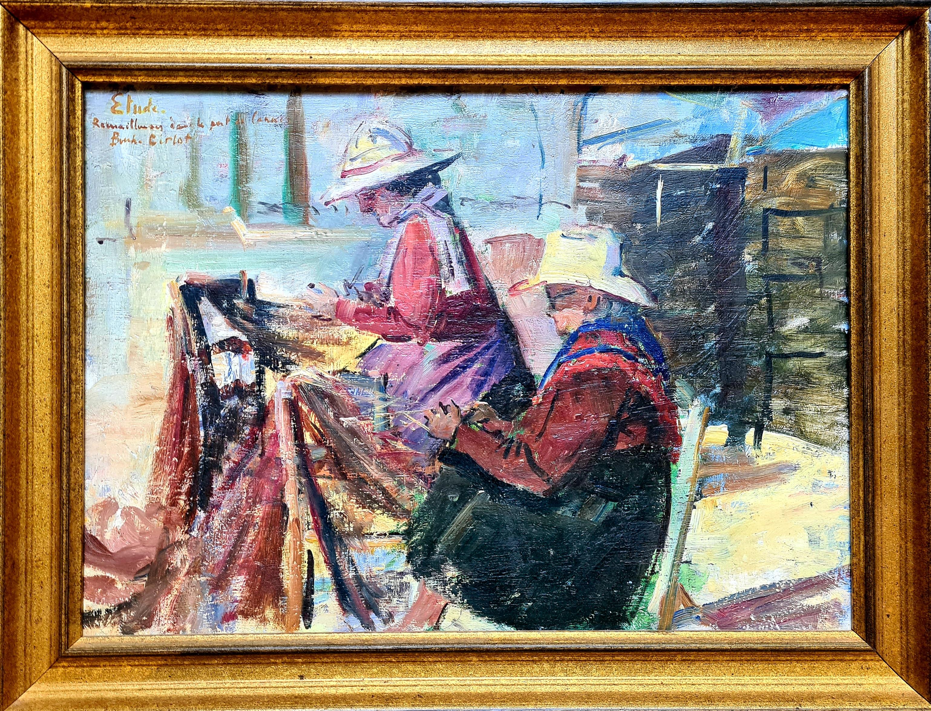 Nguyen Van BINH-CIRLOT  Landscape Painting - Mending the Fish Nets, Post Impressionist Marine Scene, Les Remailleures