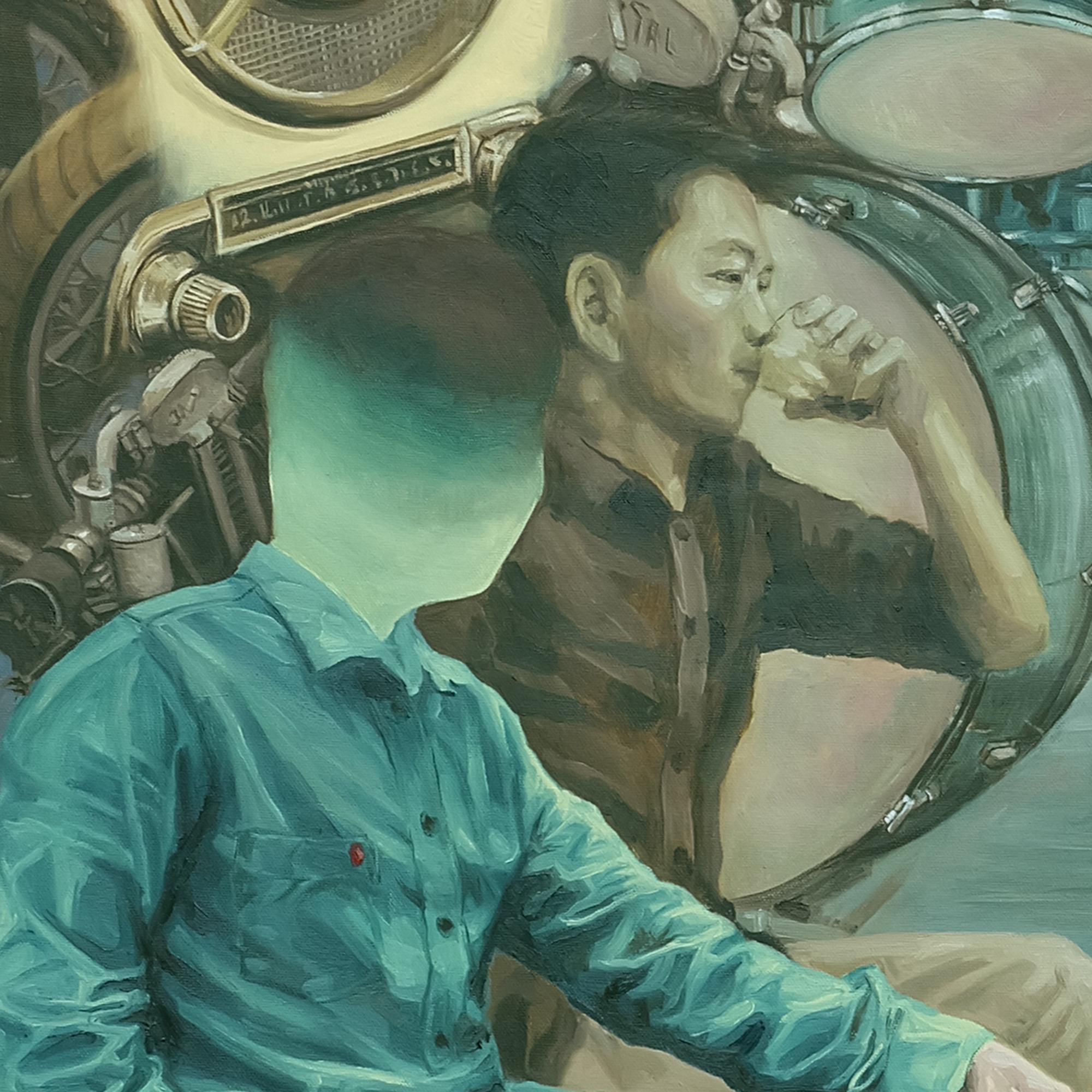 Peinture à l'huile sur toile « Afternoon Coffee », bleu, vert et rouge - Contemporain Painting par Nguyen Vinh Trung