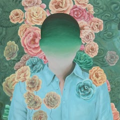 « Celles sociales », huile sur toile, peinture figurative bleu, rouge, vert