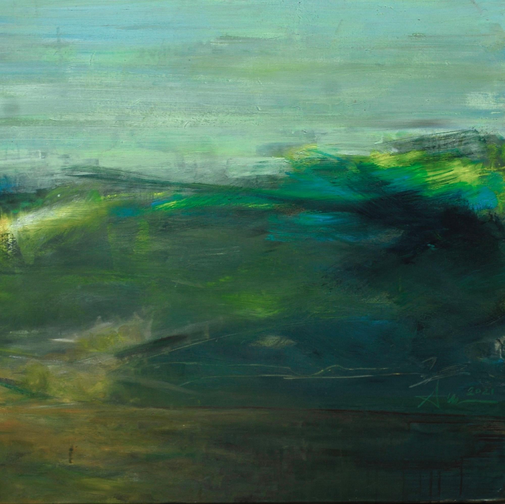 Montagna Blu - Landscape Painting Nero di Nguyen Xuan Anh