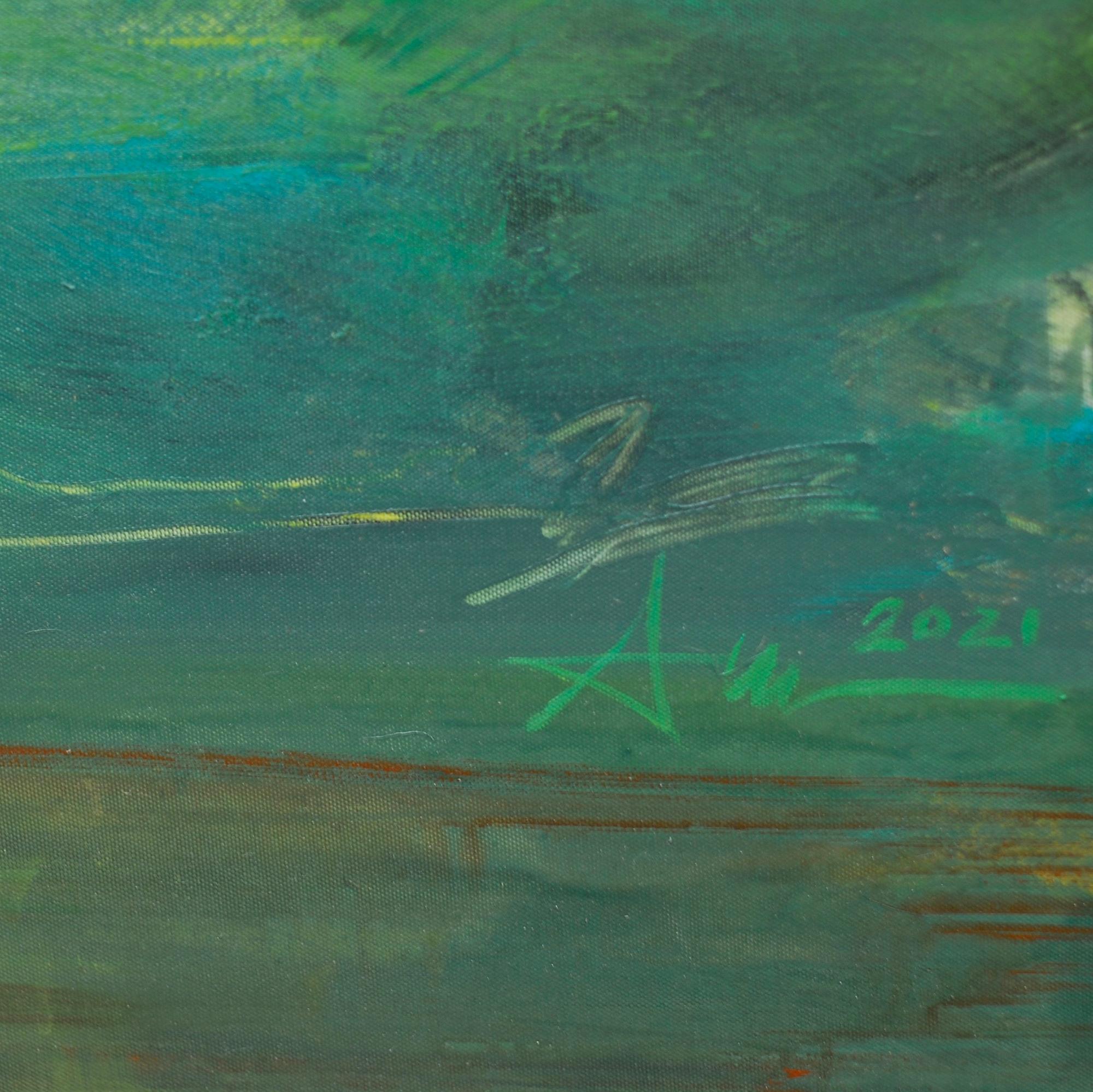 Blue Mountain è un dipinto di paesaggio astratto caratterizzato da una tavolozza di colori blu e verdi con qualche tocco di giallo. Le pennellate e l'uso del colore creano un movimento ondulatorio e attirano l'occhio dello spettatore sulla tela.