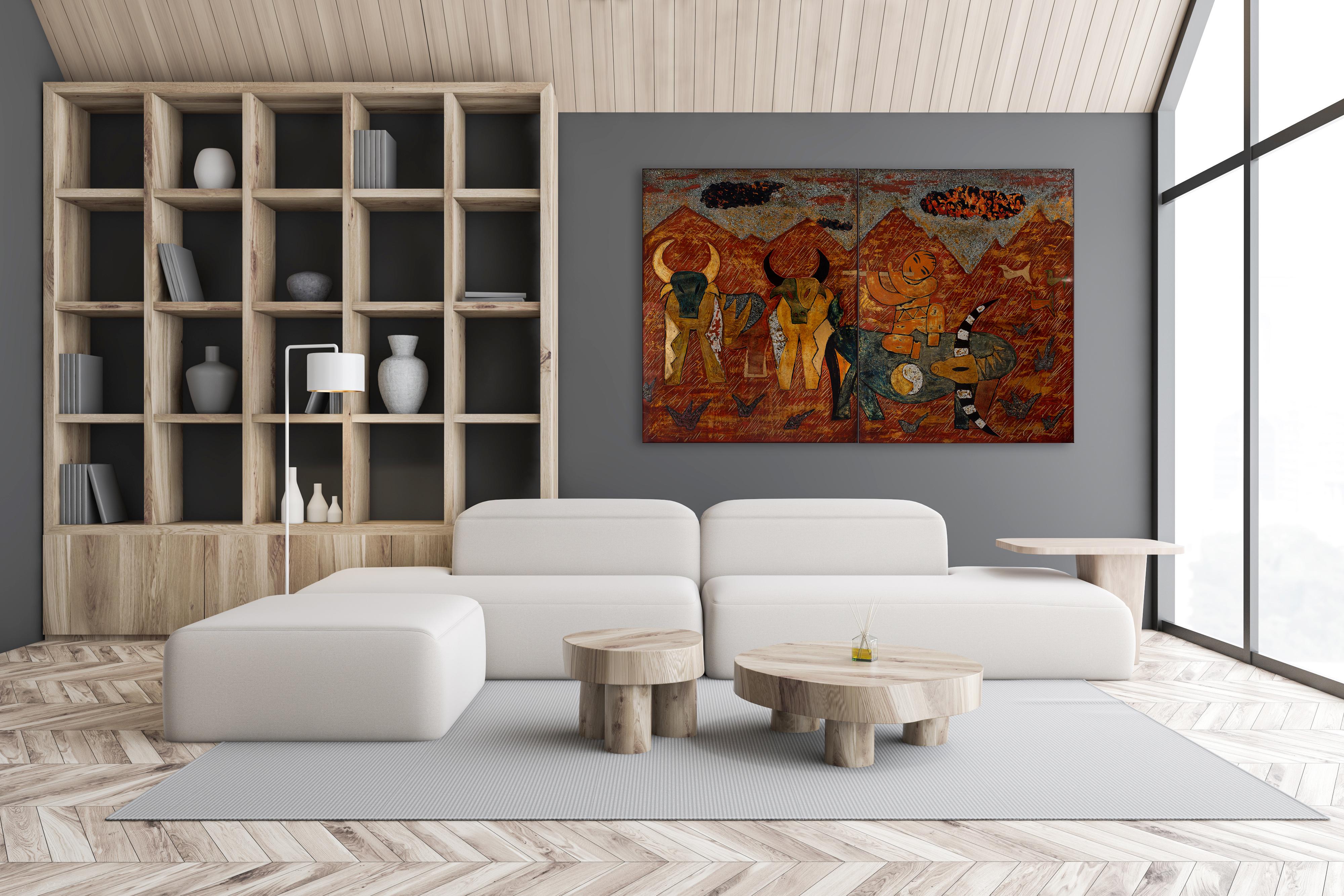 'Buffalo Boys' , Lacquer on Wood Two-Panel Contemporary Painting 4