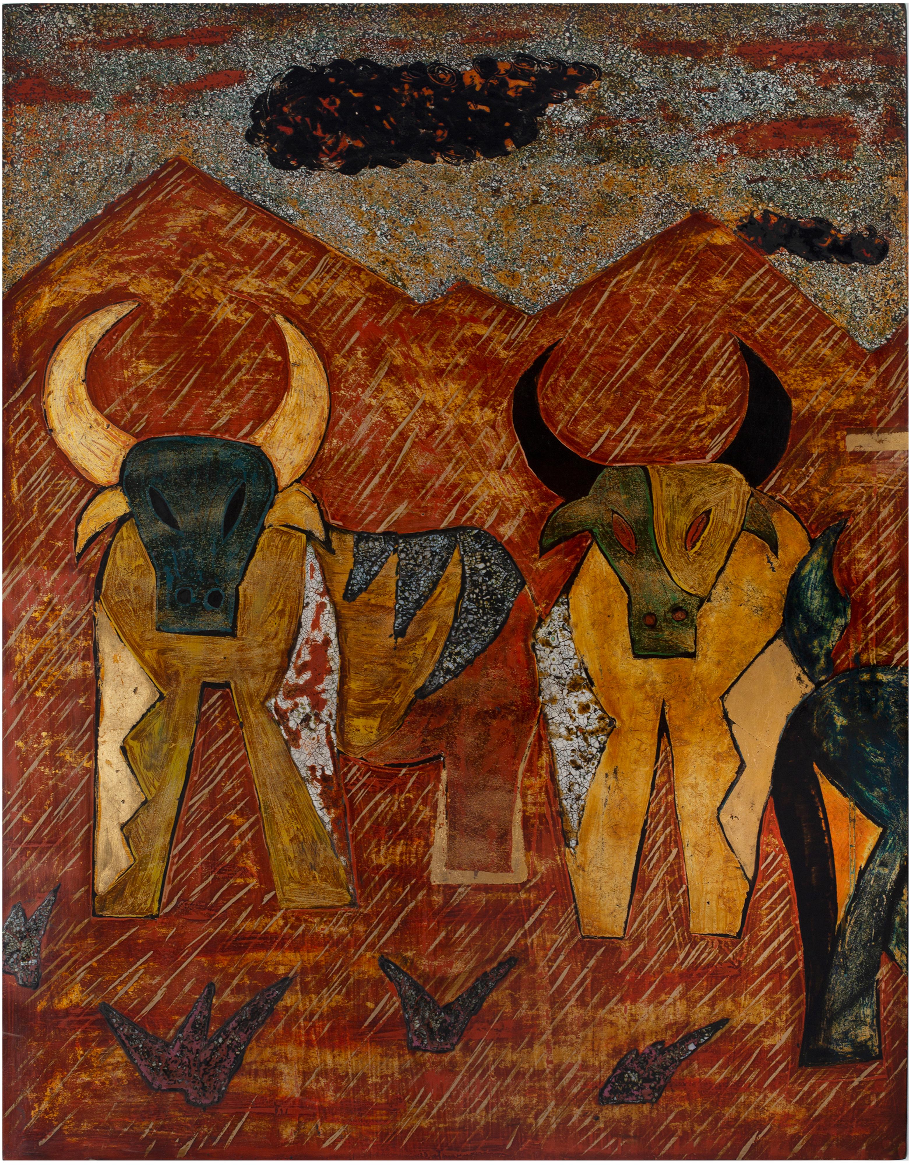 „Buffalo Boys“, zweiteiliges zeitgenössisches Gemälde, Lack auf Holz (Zeitgenössisch), Painting, von Nguyen Xuan Anh