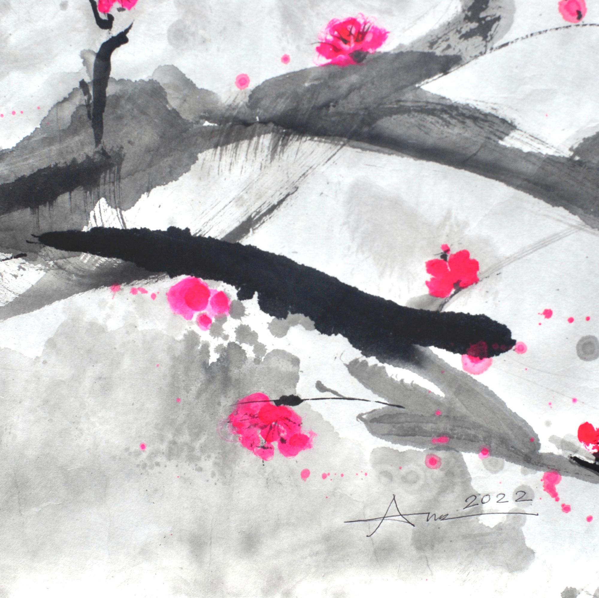 Pink Bud - Gray Landscape Painting by Nguyen Xuan Anh