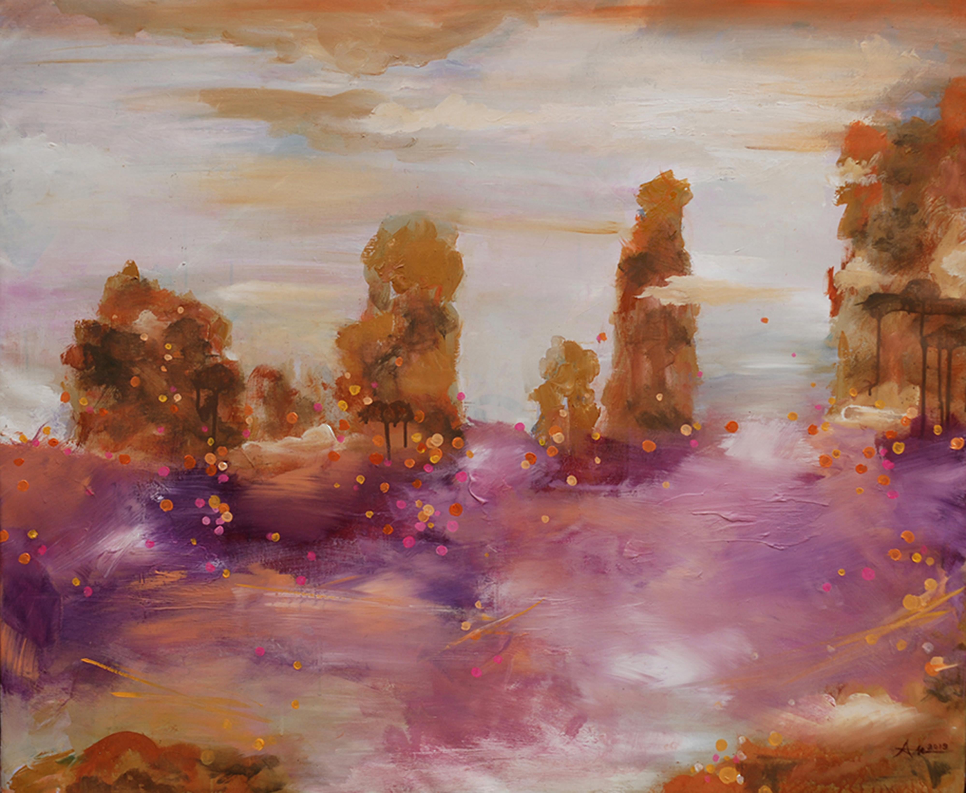 Nguyen Xuan Anh Landscape Painting - Purple Flowers Mountain