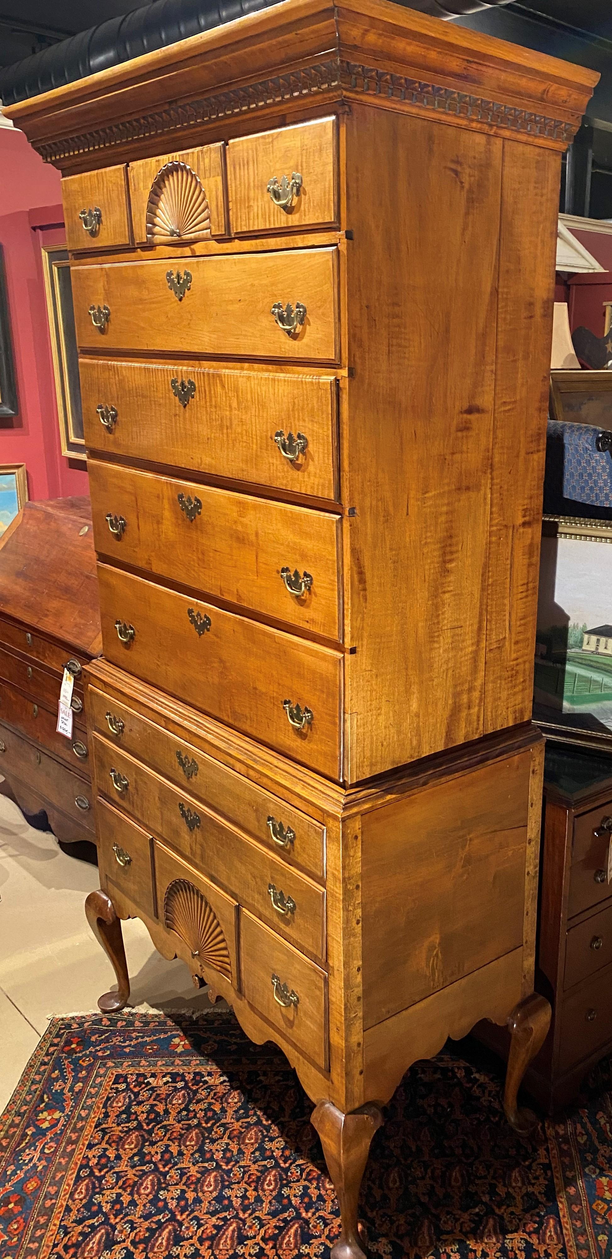 American NH Queen Anne Curly Maple Highboy Attributed to the Dunlap Workshop c 1760-1780 For Sale