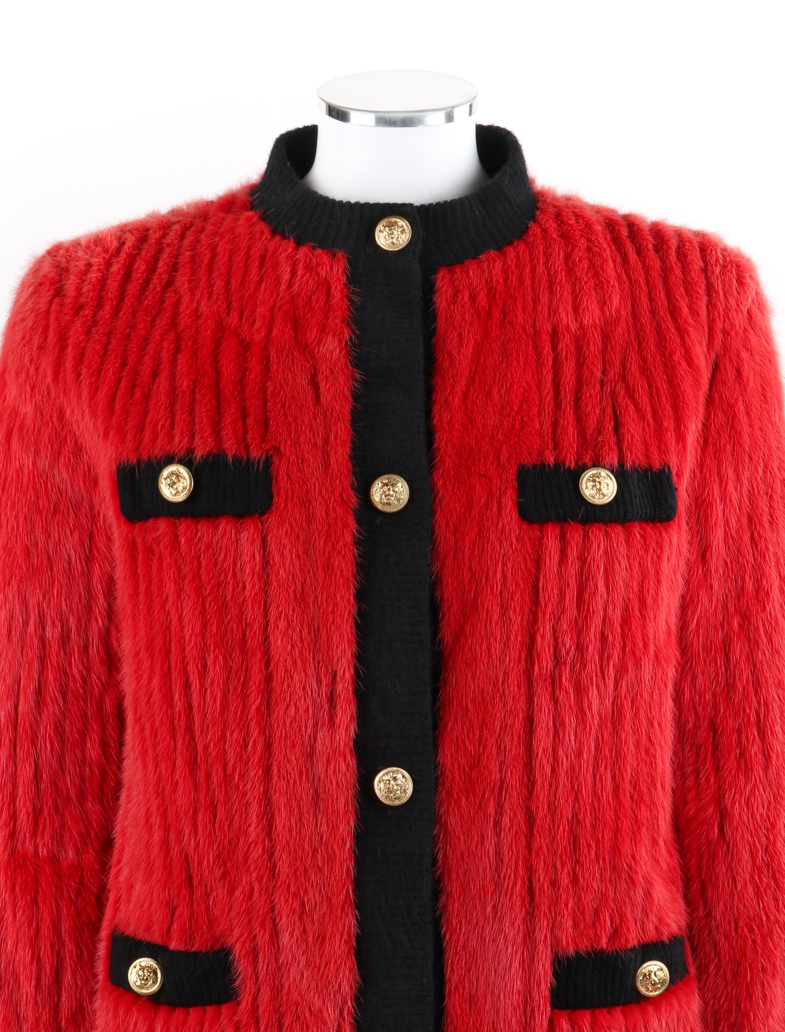NH ROSENTHAL Chicago c.1980’s Red Black Mink Fur Gold Lion Button Up Jacket Coat OOAK

Circa: 1990’s 
Label(s): NH Rosenthal Furs One Magnificent Mile Chicago
Style: Fur jacket
Color(s): Shades of red, black, gold
Lined: Yes
Unmarked Fabric Content