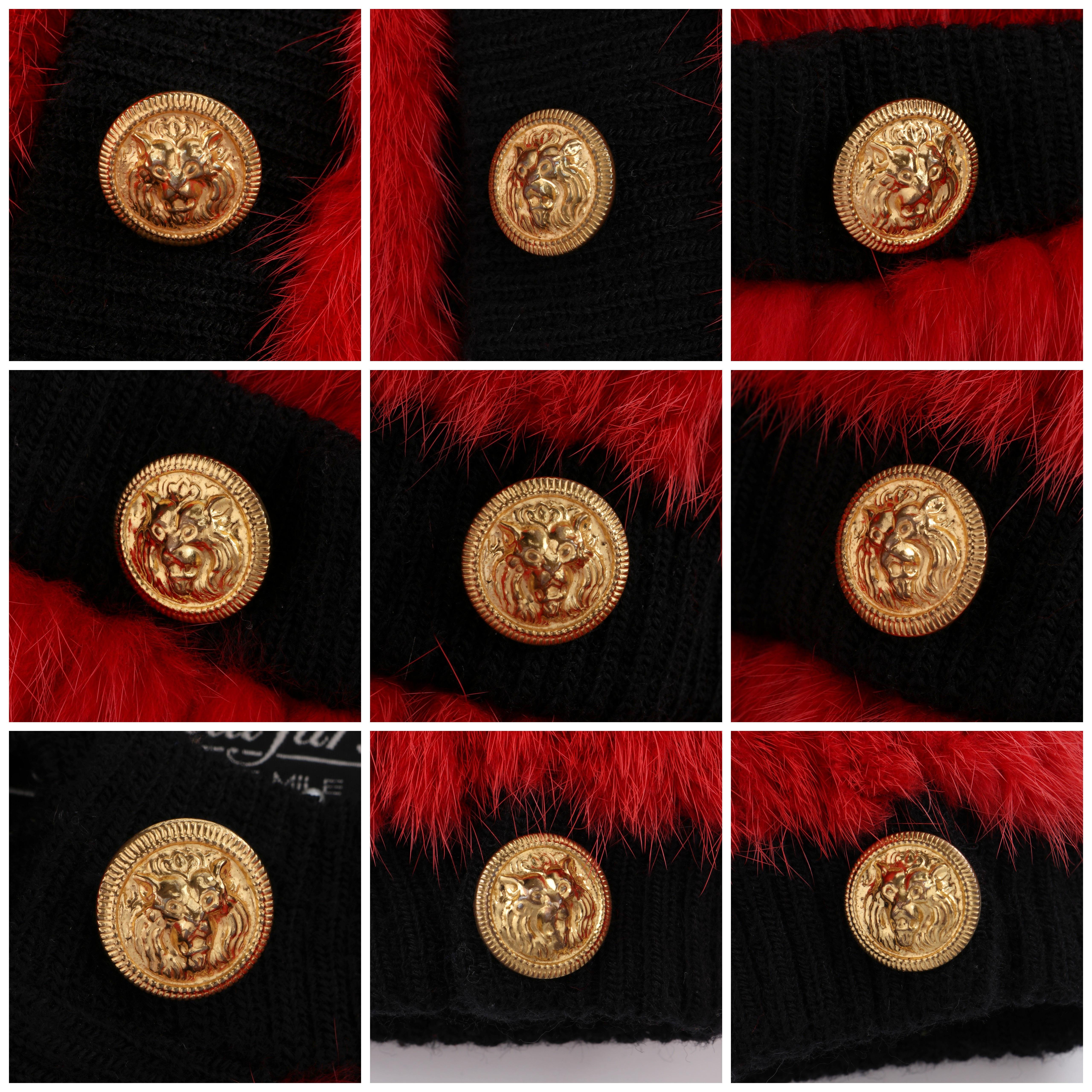 NH ROSENTHAL c.1990’s Red Black Mink Fur Gold Lion Button Up Jacket Coat 2