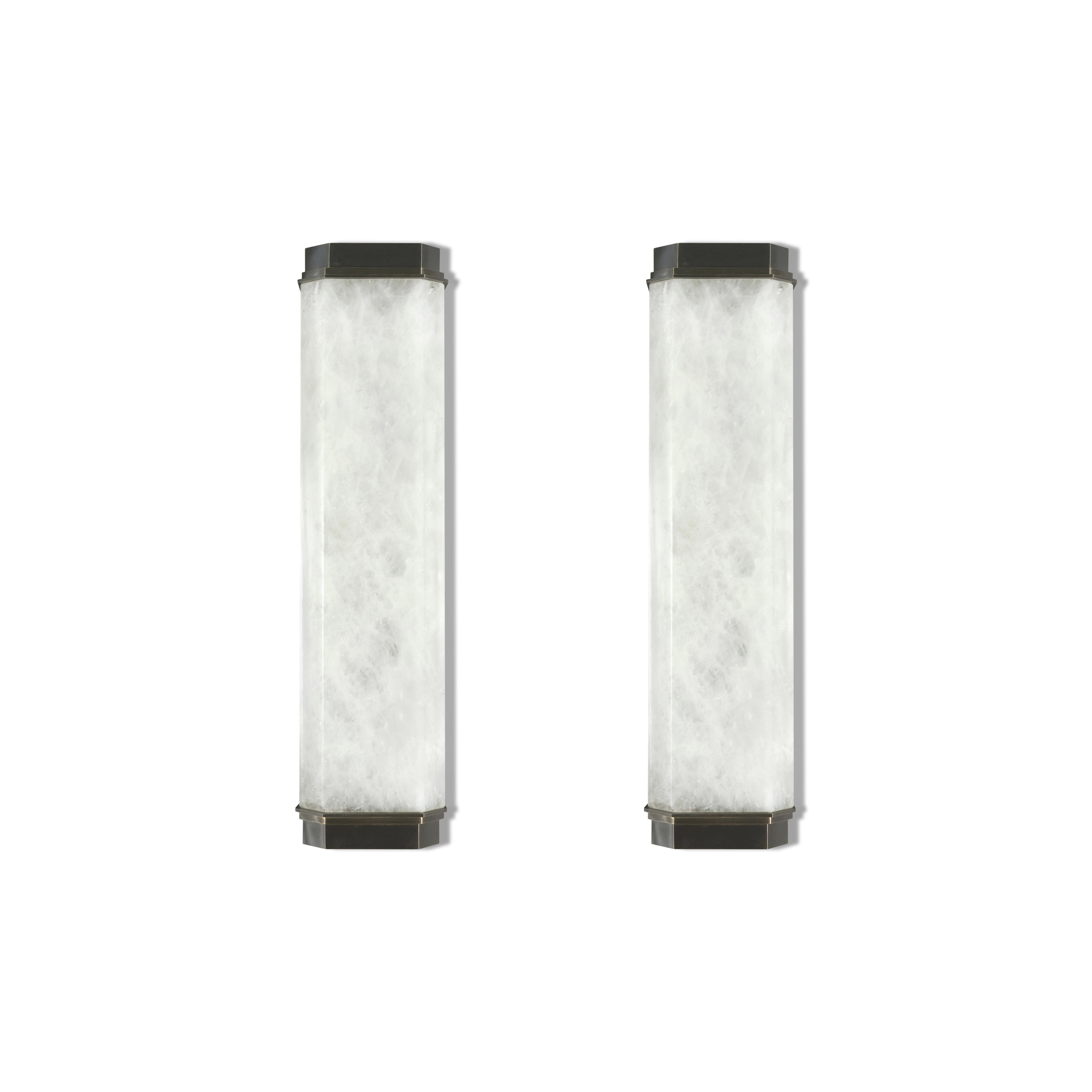 pair of rock crystal sconces with polish nickel decoration. Created by Phoenix Gallery. Each sconce installed with two E26 sockets. Use two 80 watts long tube LED warm light lightbulbs. 160w total.
Work with 2”x4” jbox 