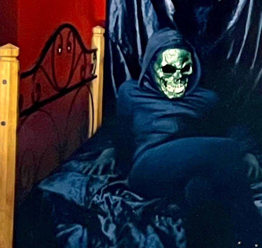 NIGHTMARE Signed Photograph, Surrealist Self-Portrait Mexican Folklore, Skeleton - Red Portrait Photograph by Nia Mora