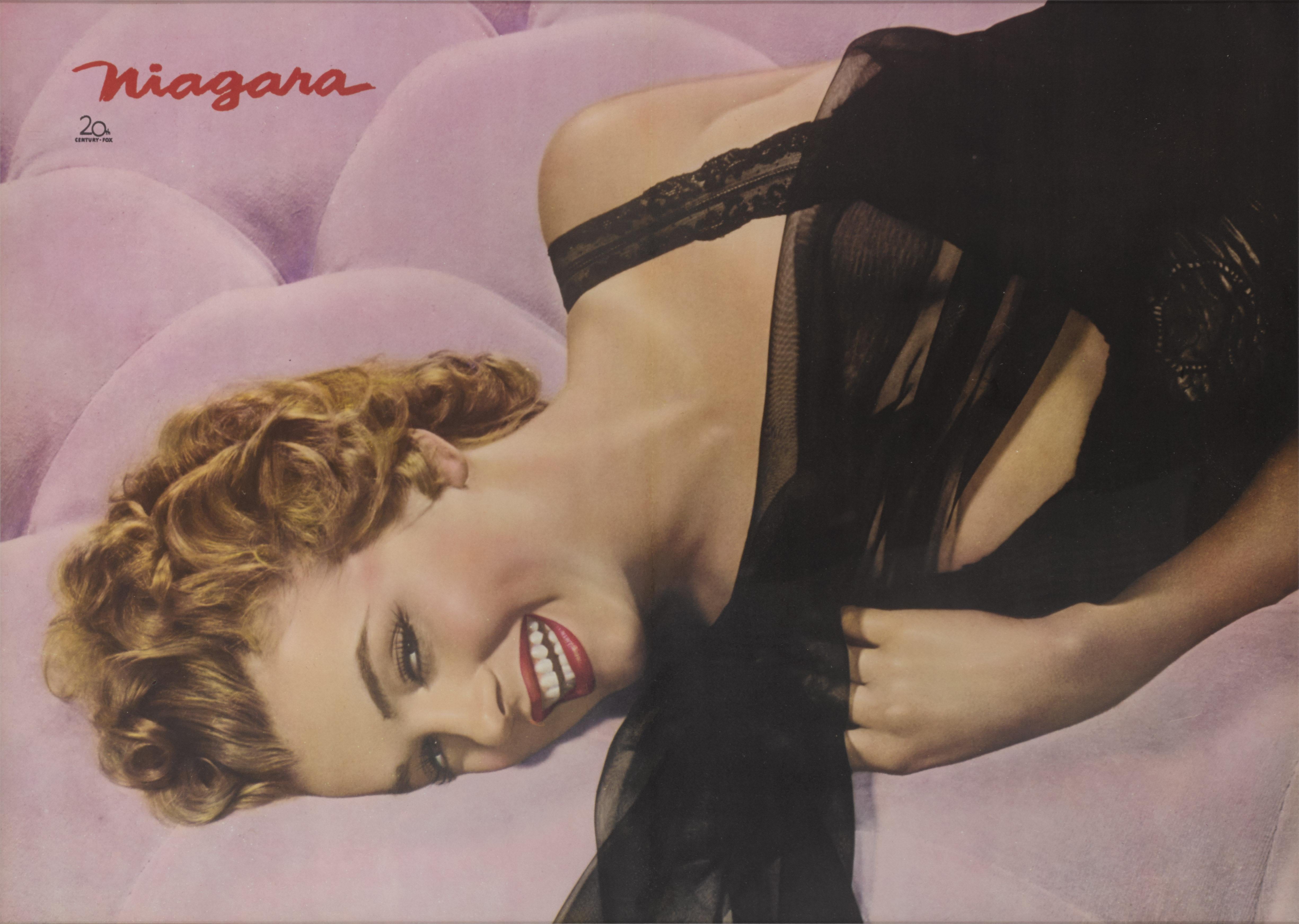 Original Japanese press sheet poster for the 1953 film “Niagara”.
This American film noir was directed by Henry Hathaway, and stars Marilyn Monroe, Joseph Cotten and Jean Peters. It tells the story of two couples who are visiting Niagara Falls. The