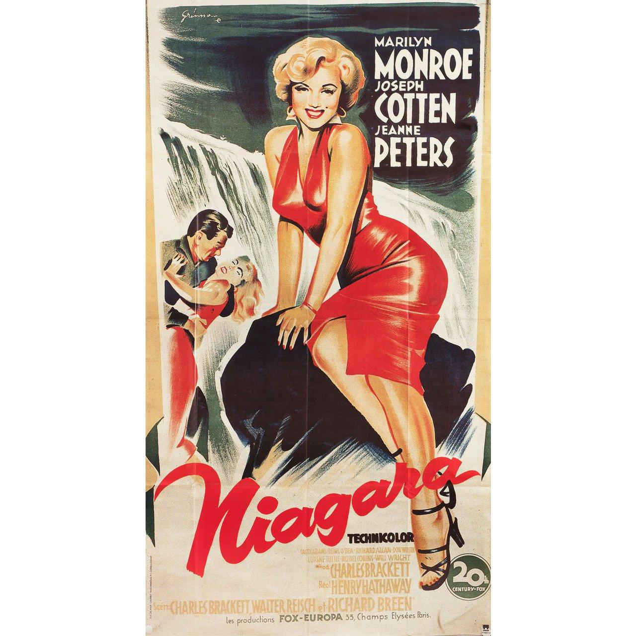 Réédition originale des années 1980 de l'affiche pantalon française de Boris Grinsson pour le film Niagara réalisé par Henry Hathaway en 1953 avec Marilyn Monroe / Joseph Cotten / Jean Peters / Max Showalter. Très bon état, plié. De nombreuses