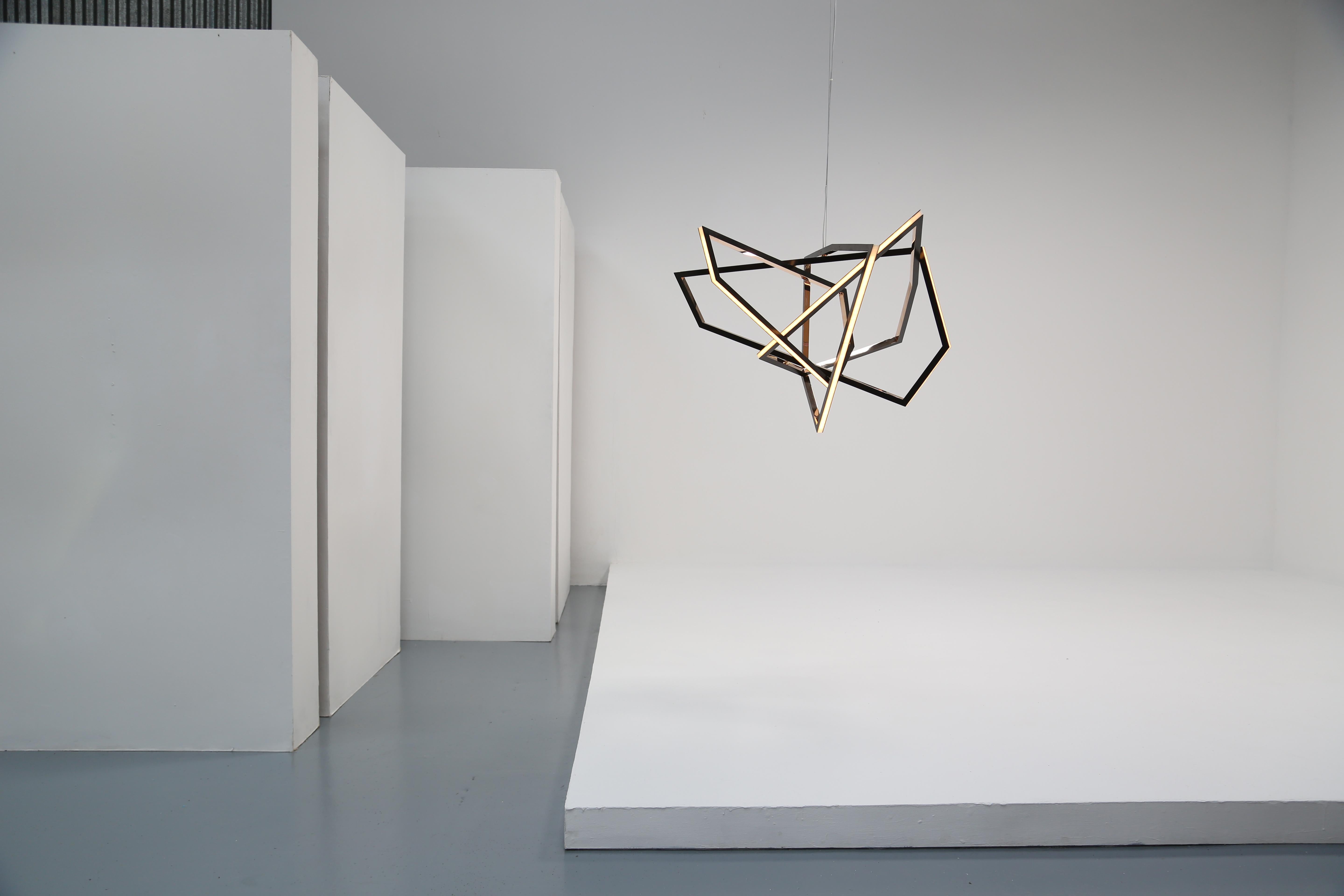 In many of her most powerful sculptures Niamh Barry abandons her signature fluid ellipses for compositions of sharp angles arranged in dynamic, crisscrossing lines forms that suggest a whole different category of motion. With this evocative hanging