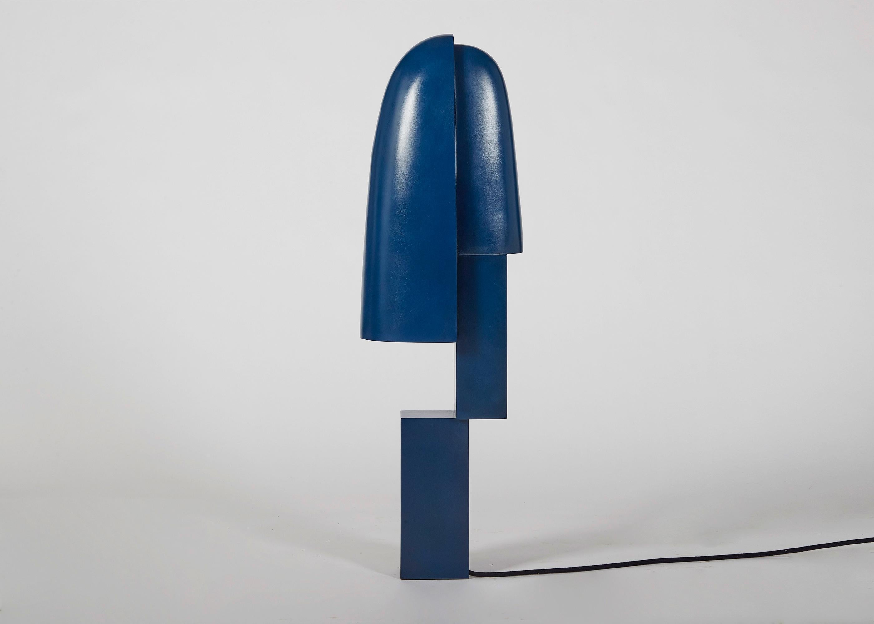 This extraordinary light sculpture, one of a series of strikingly beautiful
pieces in blue patina, marks yet another departure for the groundbreaking
Irish artist and designer, furthering an aesthetic language inspired by the
famed Broighter