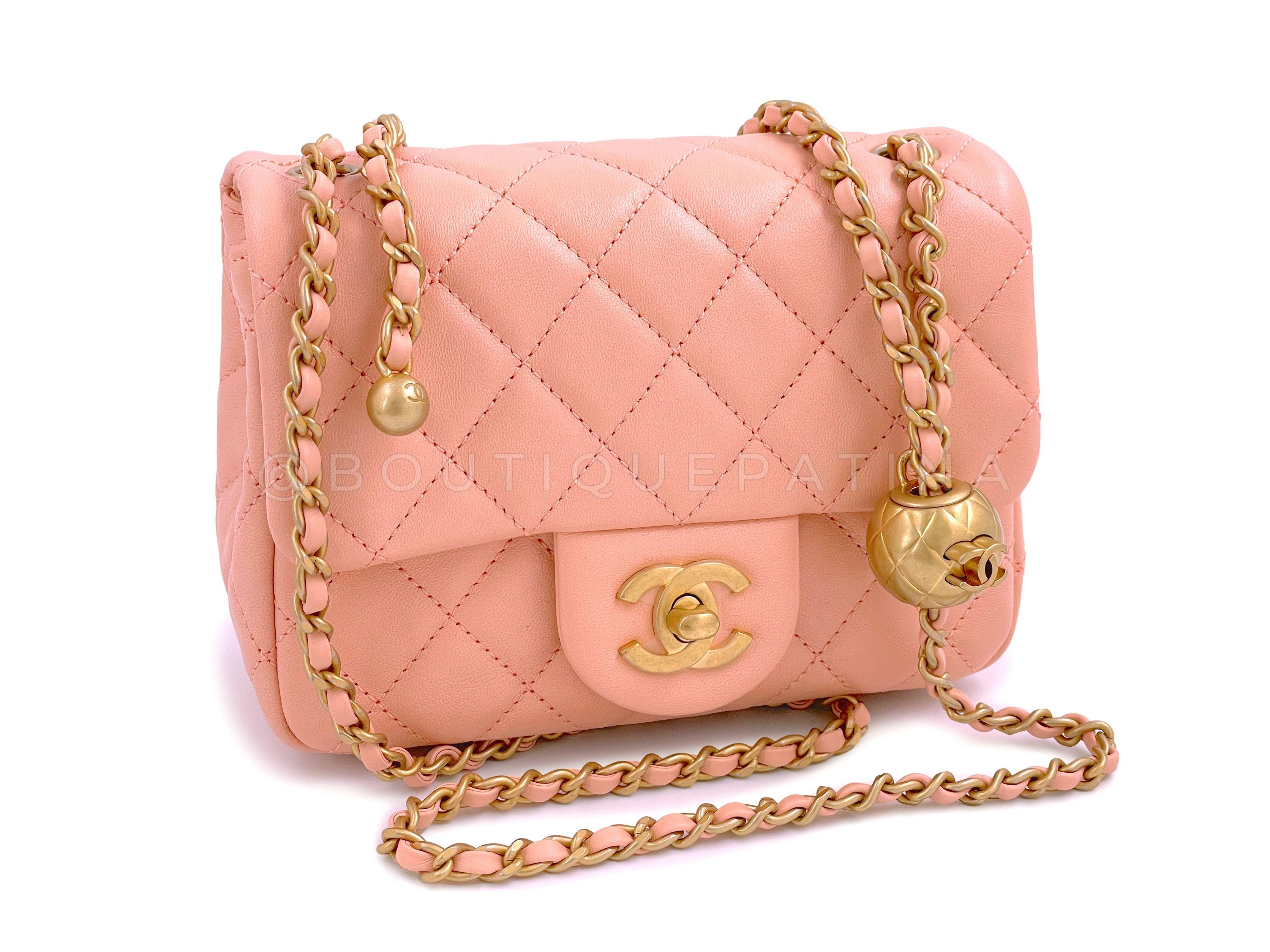 NIB 22C Chanel Pearl Crush Square Mini Flap Bag GHW Peachy Pink 64746