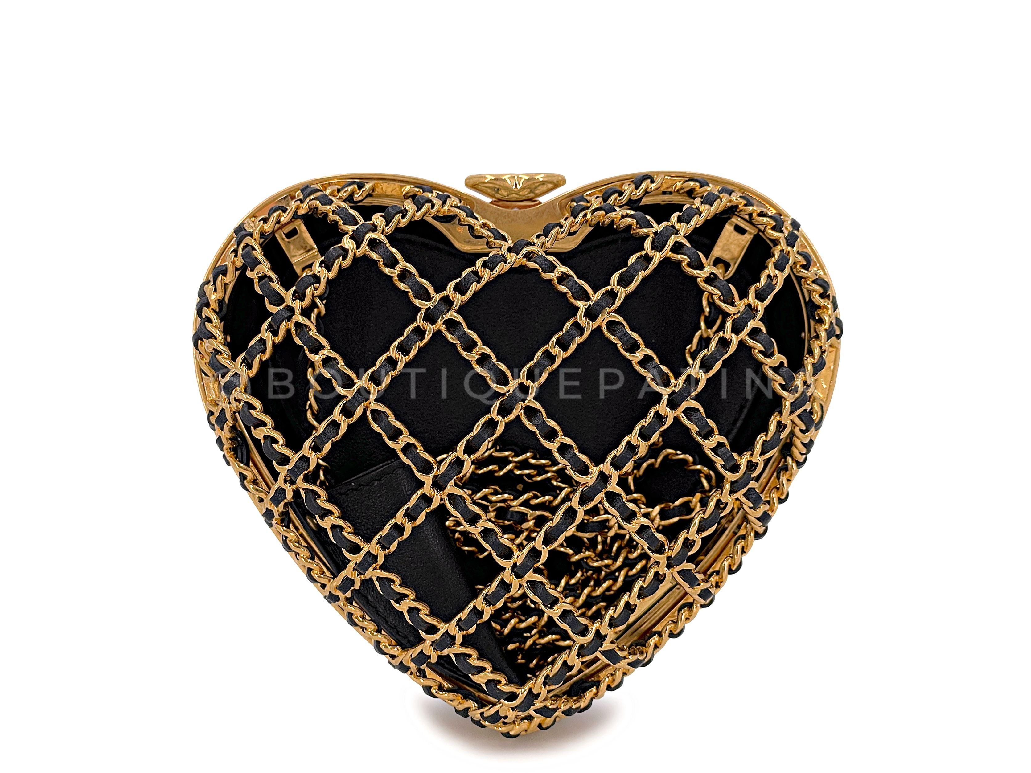 Store item: 67194
NIB 23S Chanel Caged Heart Minaudière Evening Clutch Bag Gold Black

In aged gold and black lambskin leather and aged gold hardware. Woven crossbody strap. Leather lining and quilted leather back. 

For 20 years, Boutique Patina