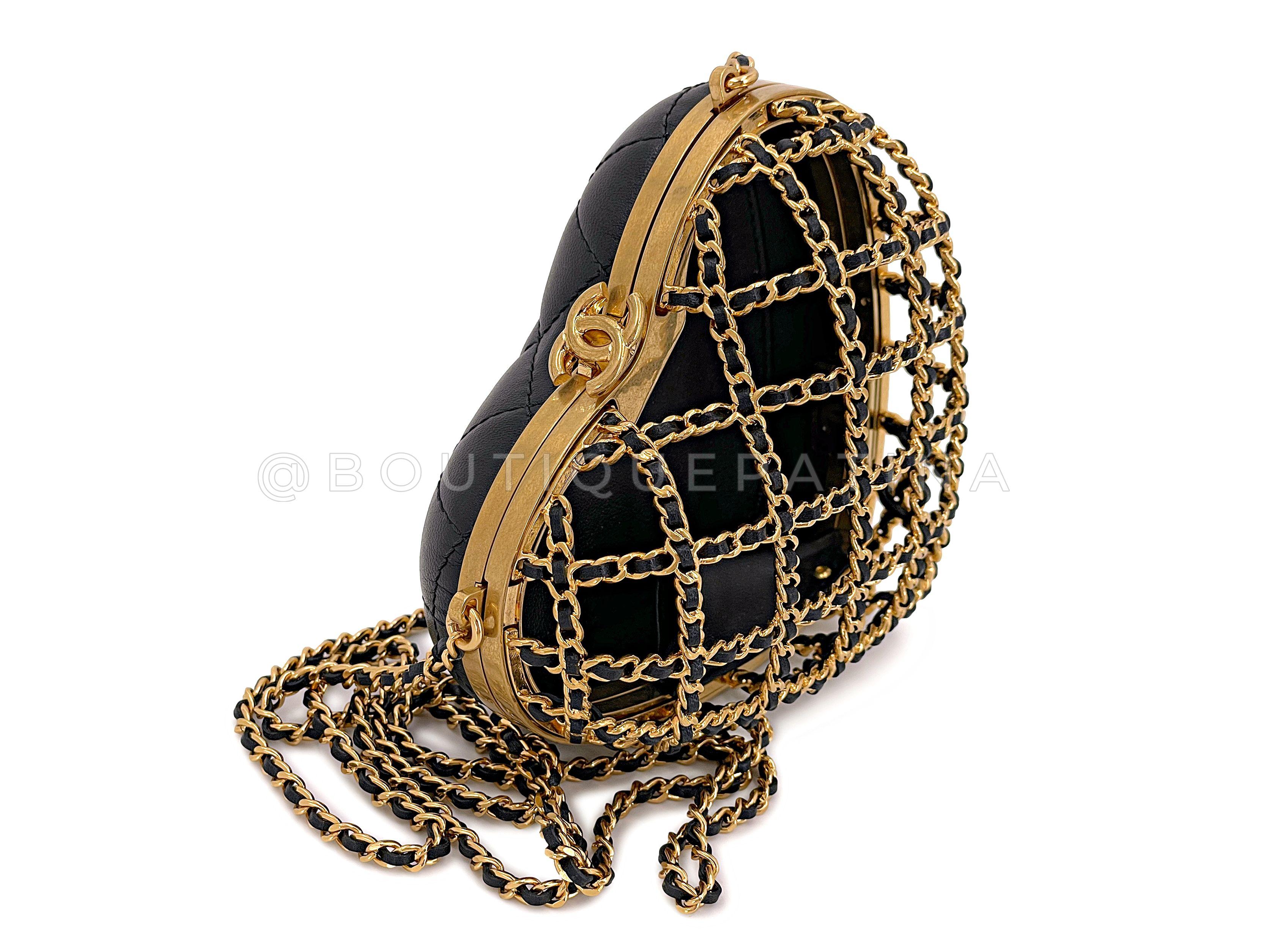 NIB 23S Chanel Caged Heart Minaudière Evening Clutch Bag Gold Black 67194 In New Condition For Sale In Costa Mesa, CA
