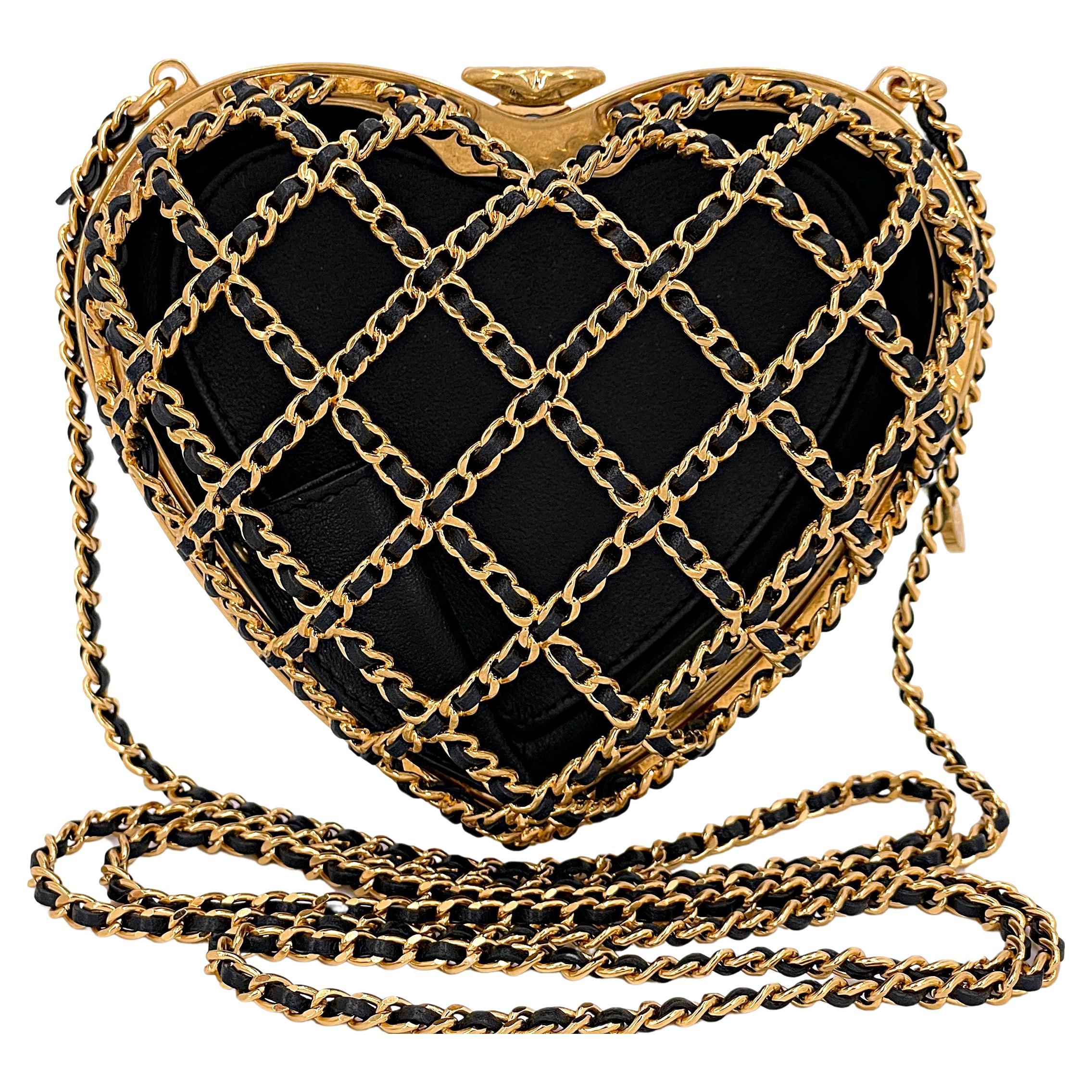 NIB 23S Chanel Caged Heart Minaudière Evening Clutch Bag Gold Black 67194 For Sale