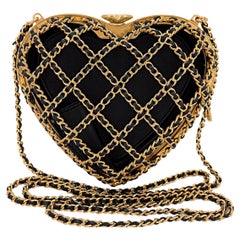 NIB 23S Chanel Caged Heart Minaudière Evening Clutch Bag Gold Black 67194
