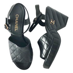 NIB Chanel 2024 Quilted Lambskin CC Logo Black Platform Wedge Sandals 39
