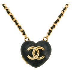 NIB Chanel 22K Black Leather Heart Mirror Locket Woven Chain Necklace 66757