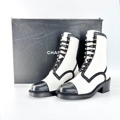 NIB Chanel CC Velvet and Lambskin White Black Platform Lace Up Ankle Boots 38.5