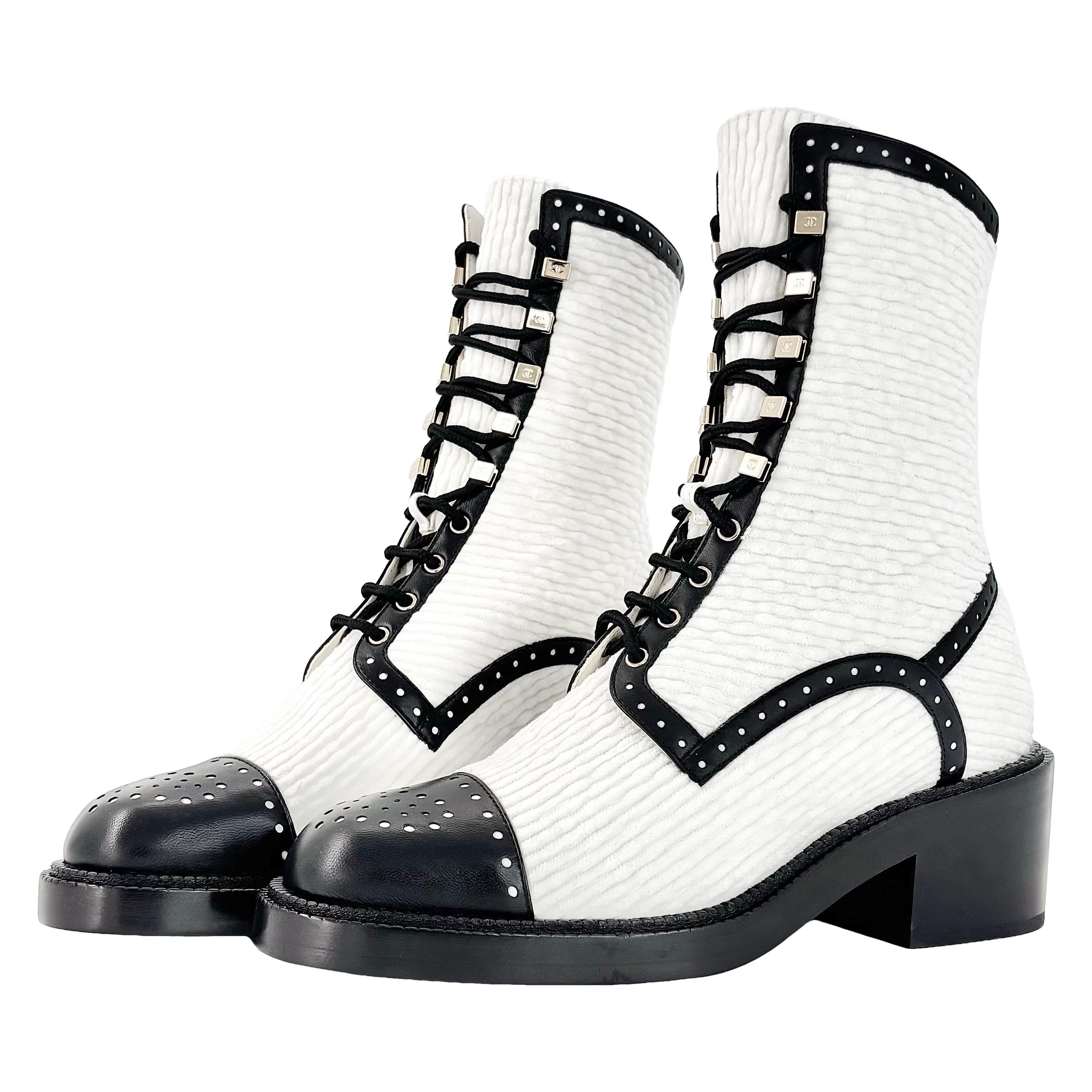 NIB Chanel CC Velvet and Lambskin White Black Platform Lace Up Ankle Boots 38.5