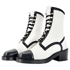 NIB Chanel CC Velvet and Lambskin White Black Platform Lace Up Ankle Boots 38.5