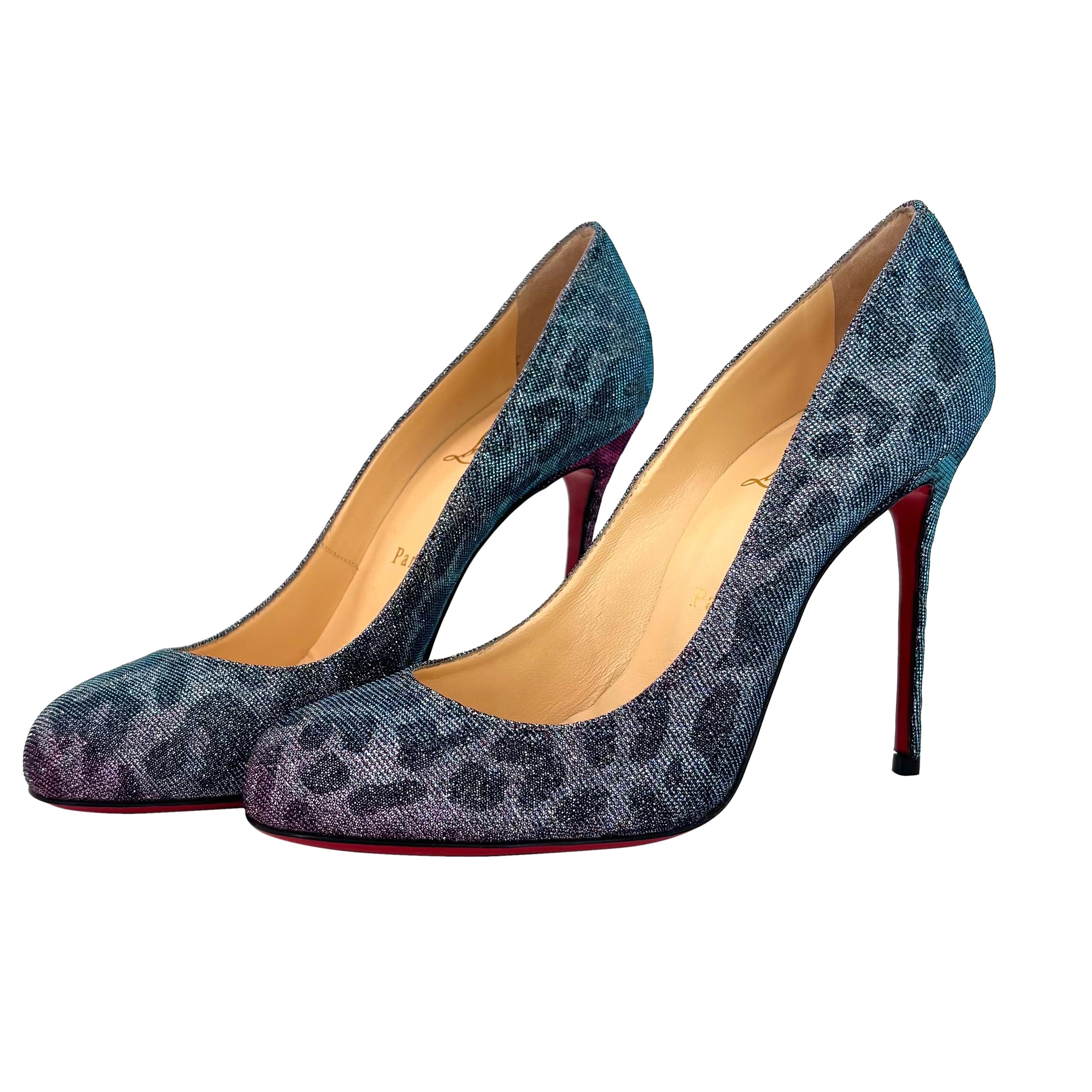 NIB Christian Louboutin Fifi 100 Leopard Print Turquoise Violet Pumps 38.5
