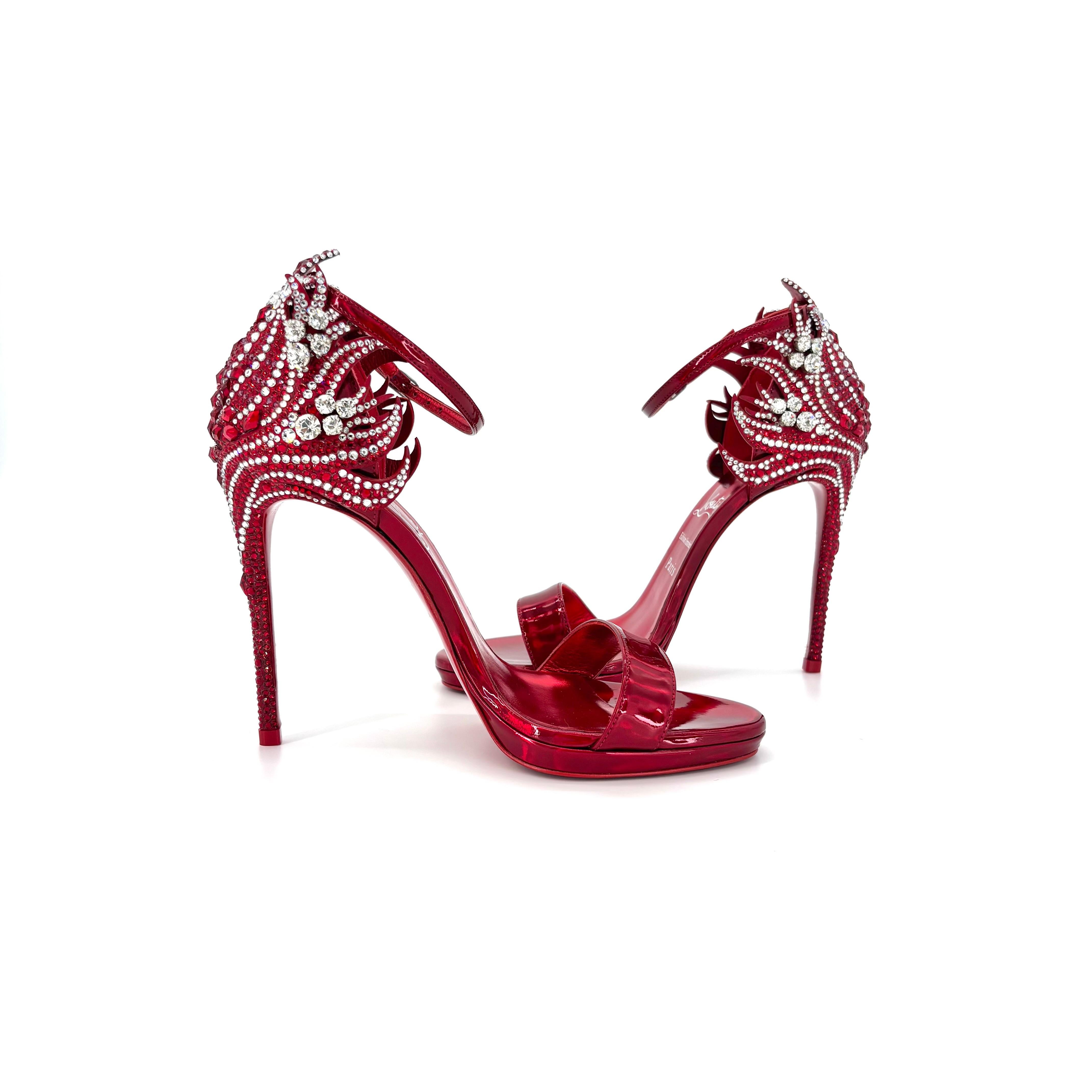 NIB Christian Louboutin Loubi Vega Rojo 120 Cristal Embellished Sandals 36.5 en venta 1