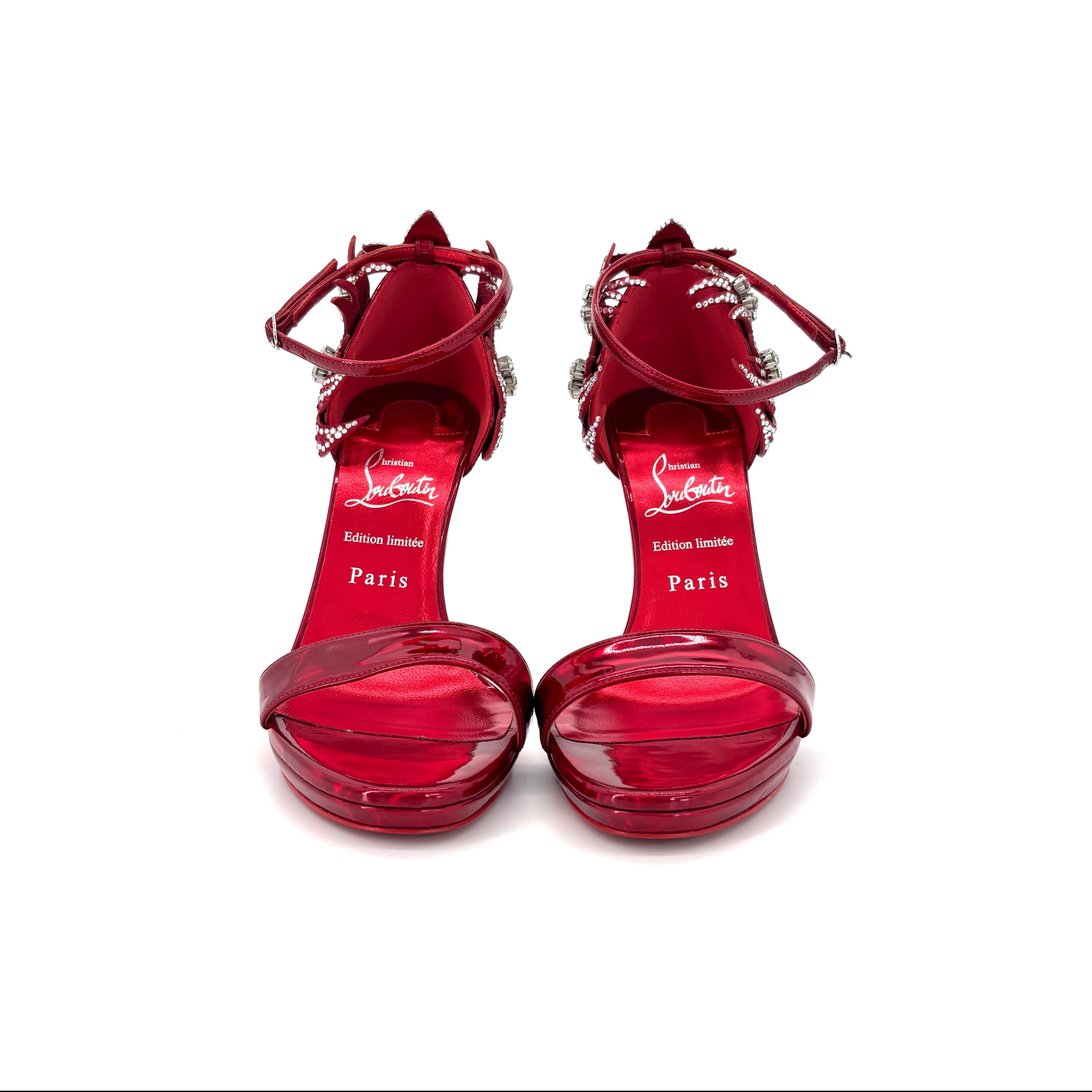 NIB Christian Louboutin Loubi Vega Rojo 120 Cristal Embellished Sandals 36.5 en venta 2