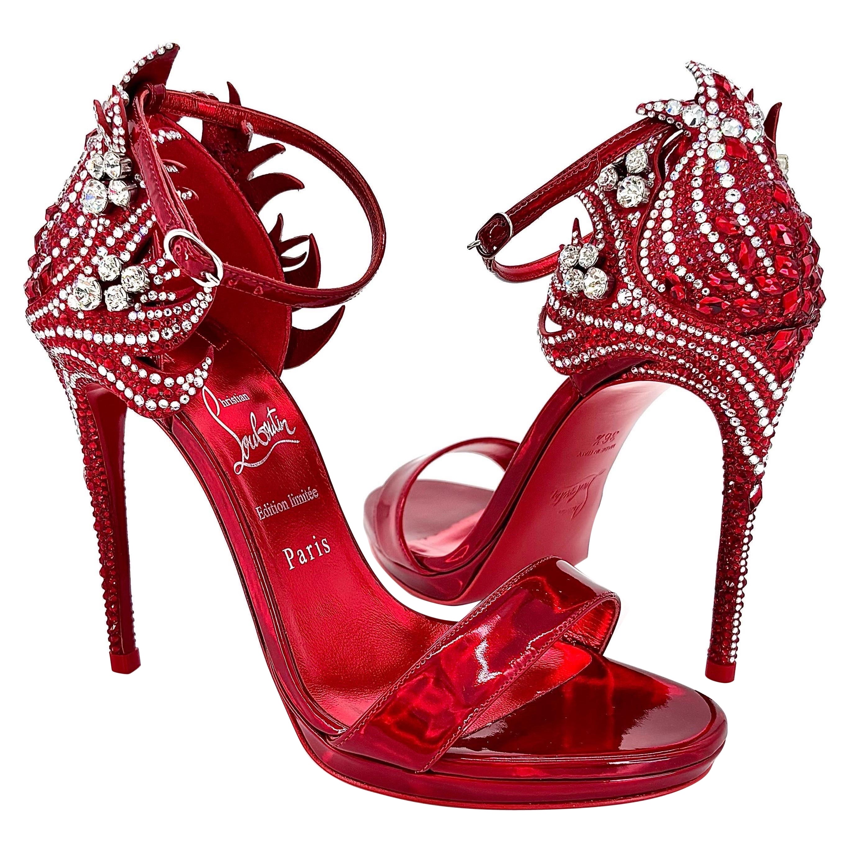 NIB Christian Louboutin Loubi Vega Rojo 120 Cristal Embellished Sandals 36.5