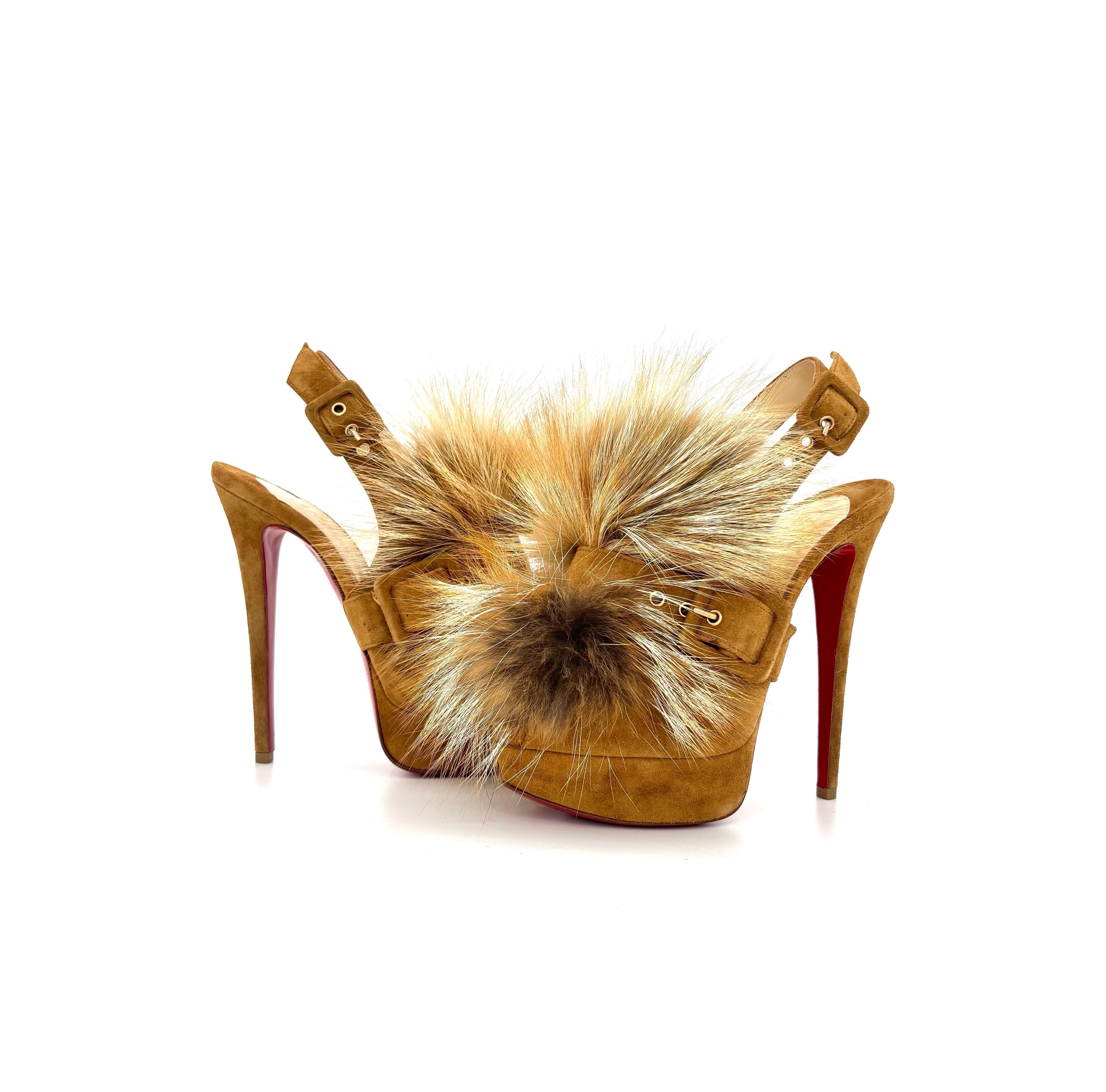 Marrone NIB Christian Louboutin Splash Fur 150 Suede Royal Fox Platform Sandals 37 in vendita