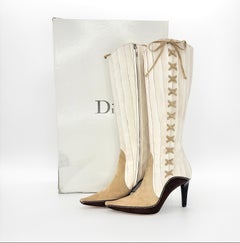 NIB Dior John Galliano F/W 2001 Lace Up Knee High Pointed Toe Cowboy Boots 37.5