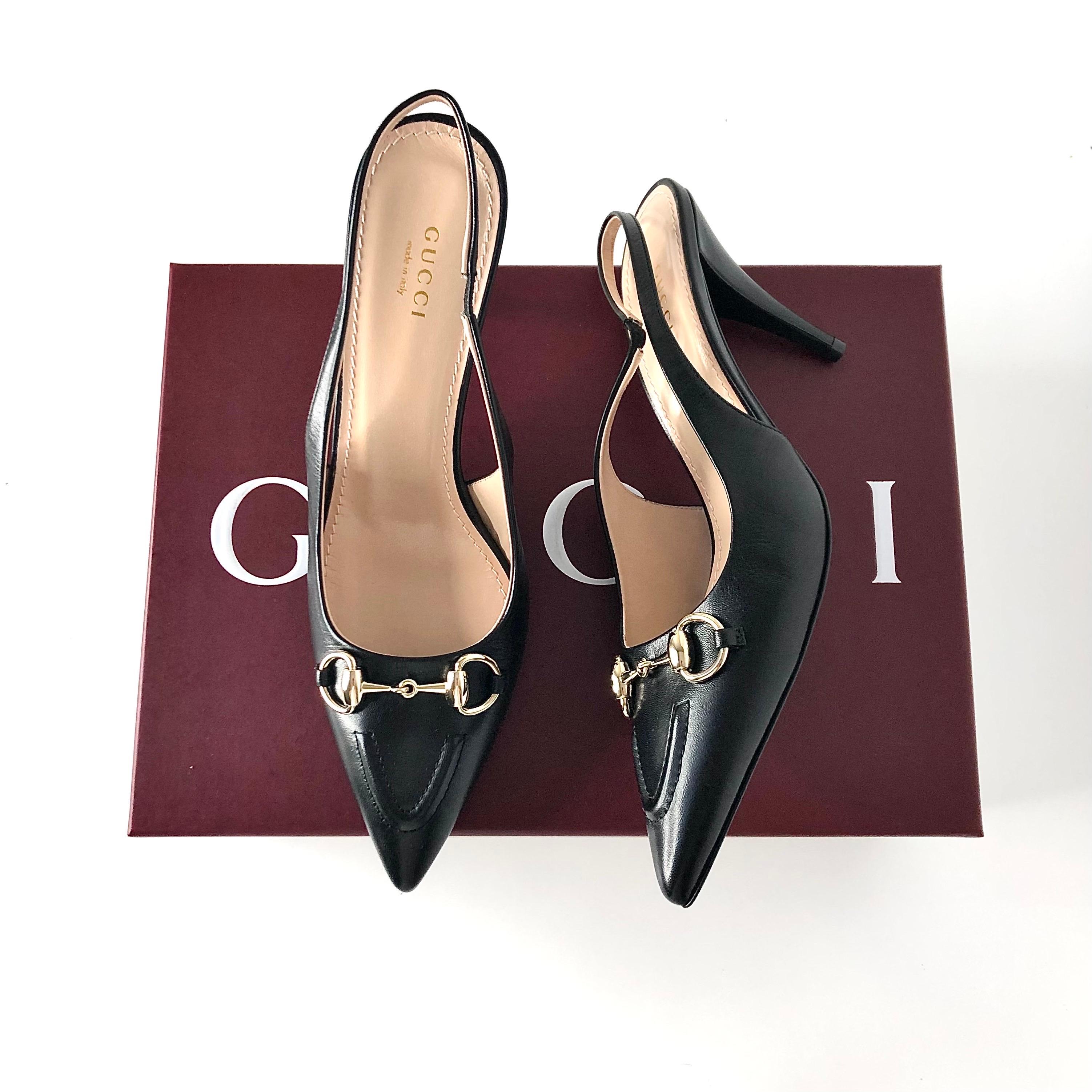 Gucci Horsebit Slingback 100mm Malaga Kid Nappa Charlotte Pumps
New, with original box, dustbags
Color Nero
Size 39EU
Leather upper
Horsebit gold finished hardware
Leather sole
Medium heel height
Pointed toebox
Tappered heel


casual, double g,